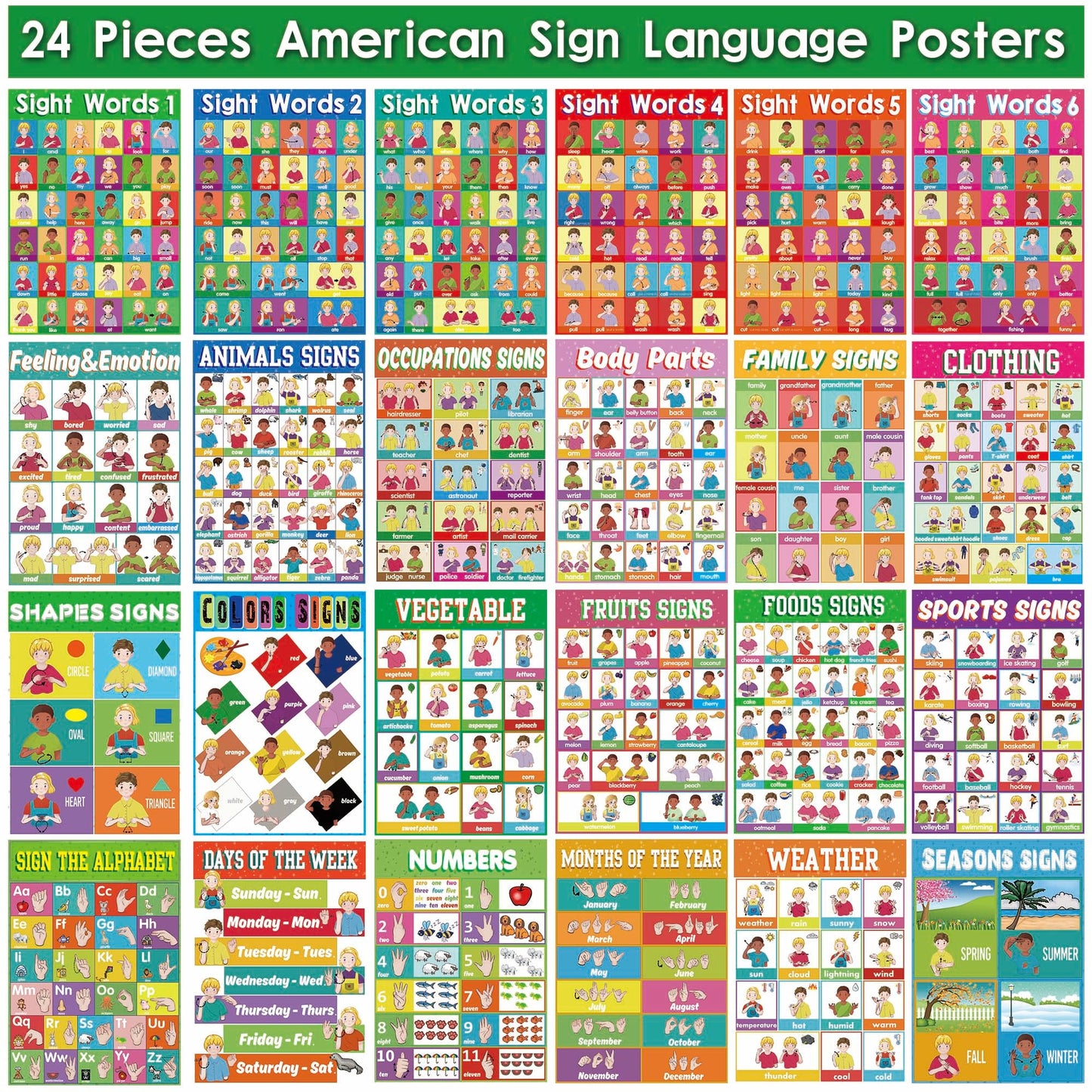 YIYDONG American Sign Language Posters ASL Posters for Toddler Kids, ABC Sign Language Flash Cards, ASL Alphabet Poster for Classroom Decorations 17x13 inch (Set of 24)