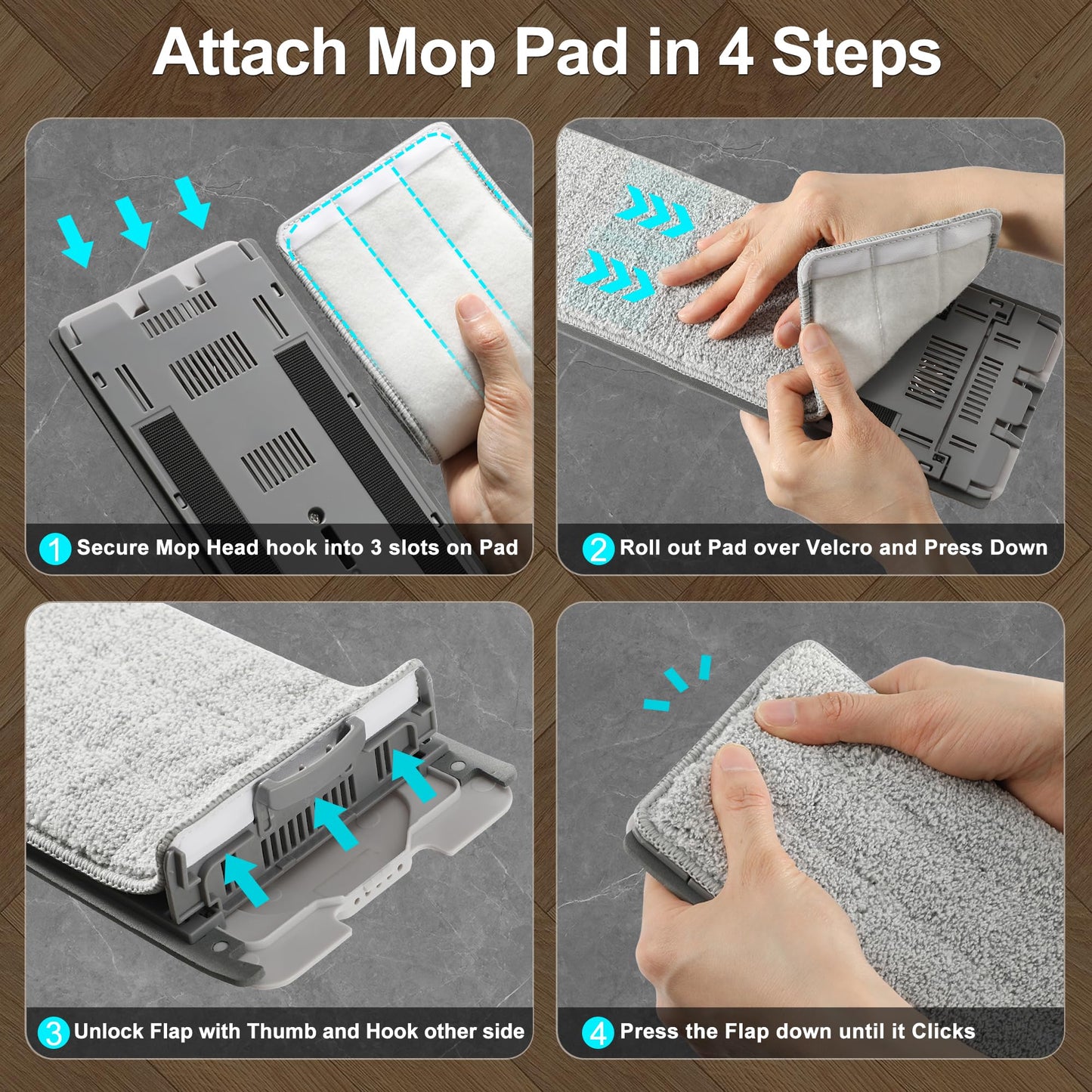 Mopficient 14L Dual-Chamber Flat Mop & Bucket Set, Clean & Dirty Water Separation, Hands-Free Self-Wringing, 15” Wide Head with EVA Squeegee, 4 Microfiber Pads, Stackable Design, Ergonomic