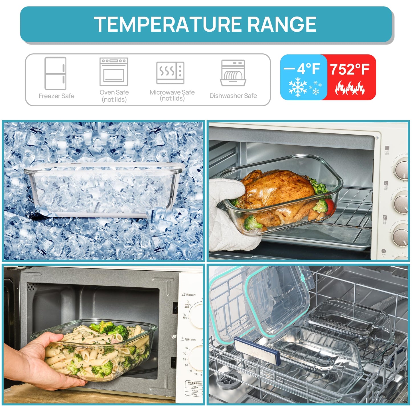 Vtopmart 2Pack 2260ml/ 76.4oz Extra Large Glass Container Food Storage with Lids, Meal Prep Container Set with Snap Airtight Lid for Baking, Microwave, Oven, Leak Proof, for Freezer, Dishwasher, Green