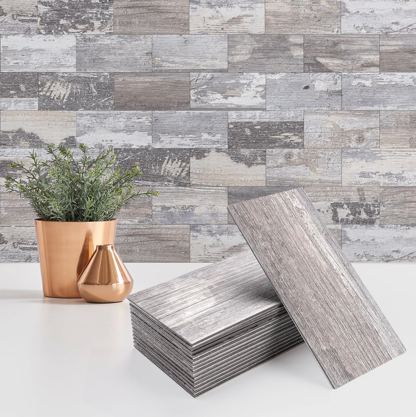 StyloVue 100 Pieces Peel and Stick Backsplash for Kitchen, 3" x 6" PVC Subway Tile Upgraded Distressed Wood Backsplash Stick on Tile Elevate Kitchen, Bathroom, Fireplace,RV