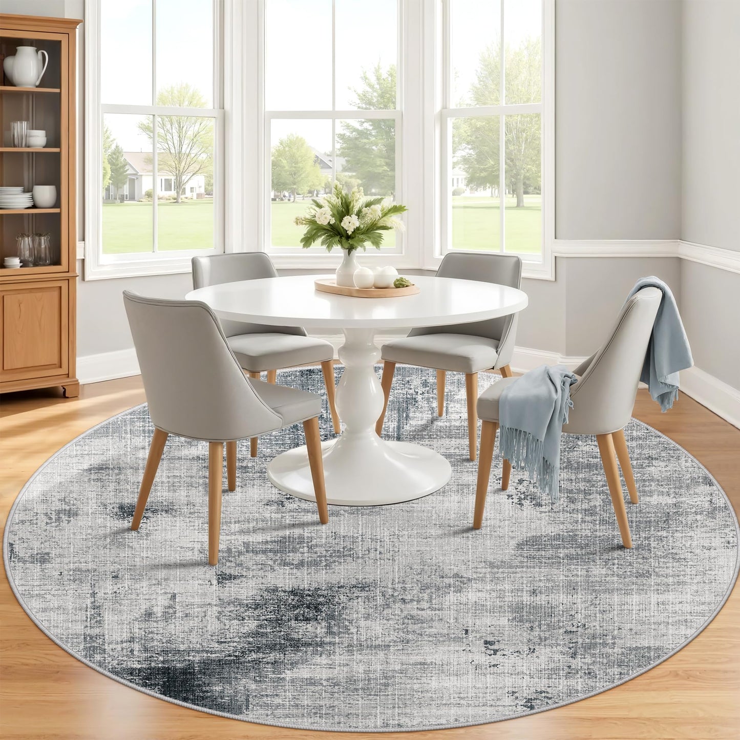 6ft Washable Round Rug - 6x6 Area Rugs Modern Abstract Rugs for Living Room Non-Slip Low Pile Soft Machine Washable Carpet for Bedroom, Living Room, Dining Room, Nursery, Farmhouse (6'x6' Dark Grey)