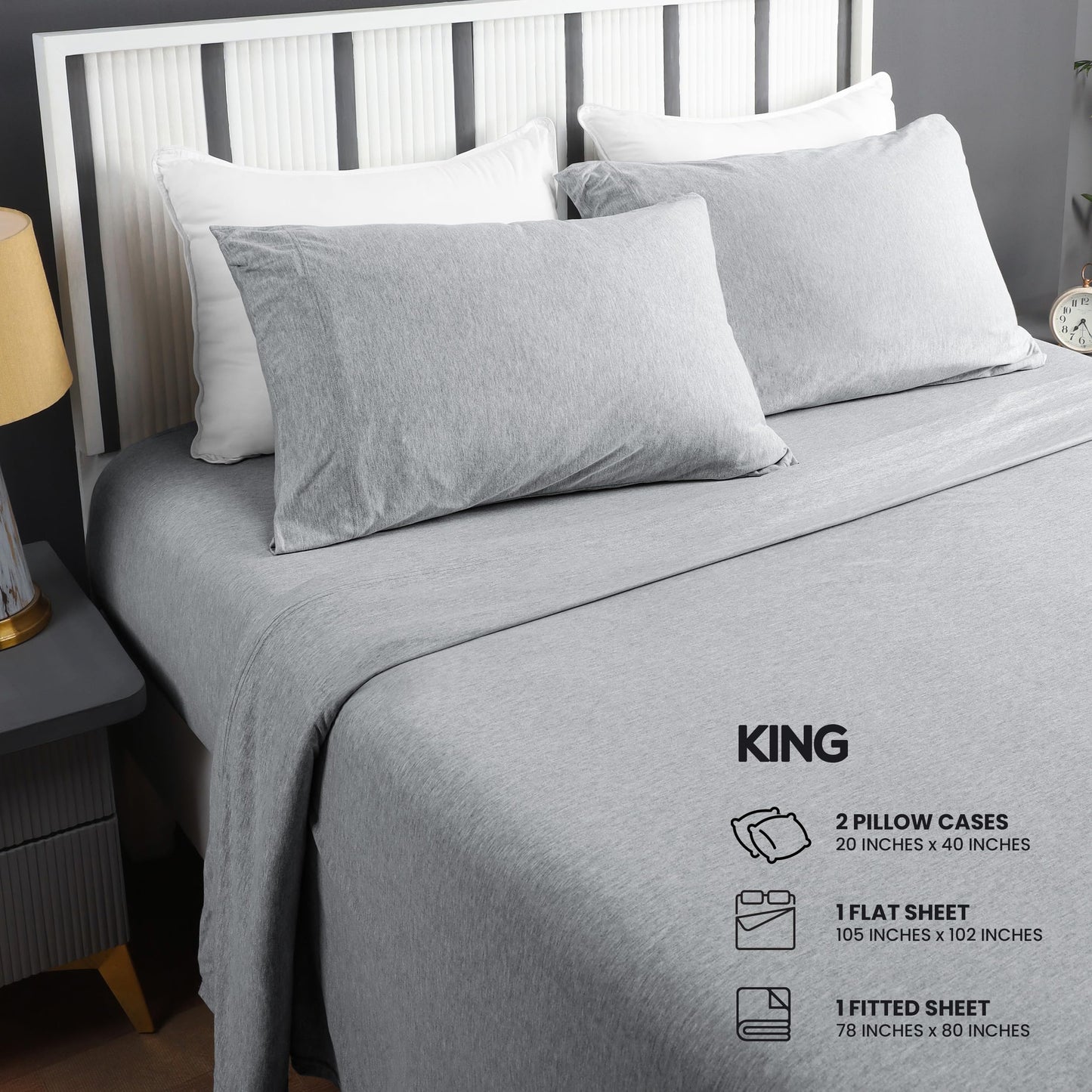 Utopia Bedding Jersey Knitted Bed Sheet Set - 4 Pieces, King - Soft Brushed Jersey Fabric, Light Grey