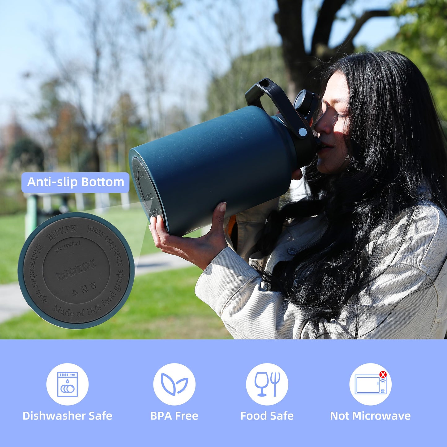 BJPKPK 87oz Insulated Water Bottle, Dishwasher Safe 2/3 Gallon Water Bottle with Ergonomic Handle, BPA Free Leak Proof Water Jug, Stainless Steel Metal Water Bottle with Anti-Slip Bottom, Black
