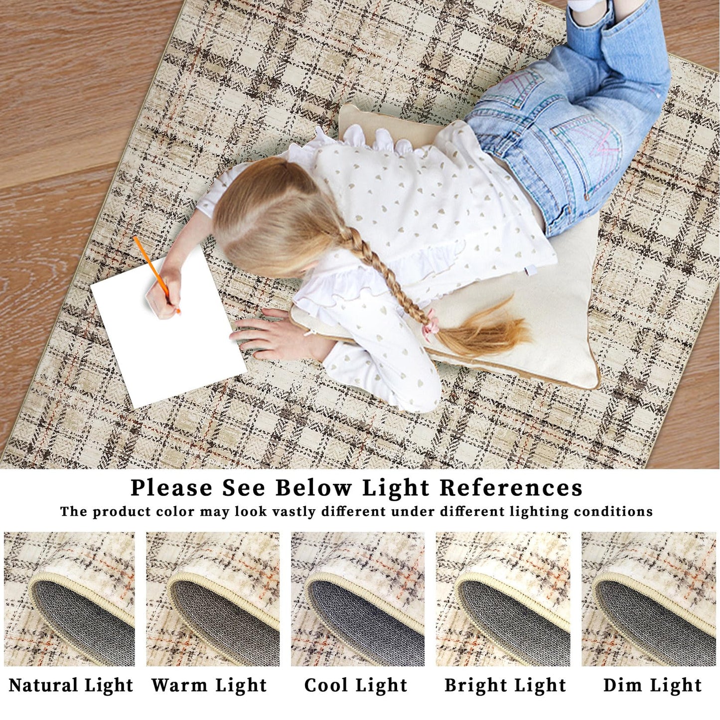 GarveeHome Washable Area Rugs 5x7 Rug for Living Room Modern Plaid Rugs for Bedroom Non Slip Farmhouse Ultra Soft Rugs Non Shedding Stain Resistant Carpet for Nursery Office Beige 5 ft x7 ft