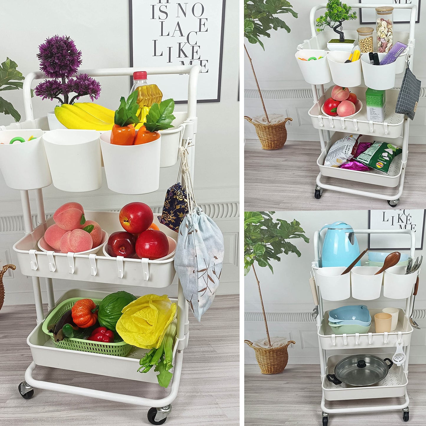 Freletry 3 Tier Rolling Utility Cart Multifunction Storage Organizer Shelf Rack with Lockable Wheels 3PCS Cups and 8PCS Hooks for Home Office Kitchen Bathroom Store (White)