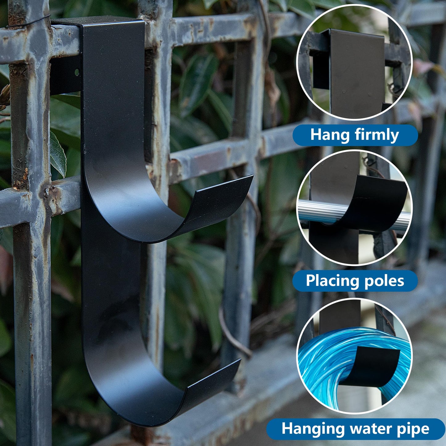 4 PCS Pool Fence Hooks for Pool Equipment- Black Heavy Duty Fence Hooks for Pool Poles- Slipe-on Fence Hanger for Pool Hose Pool Skimmer, Fit 3/4 Inch to 1-1/4 inch Railing