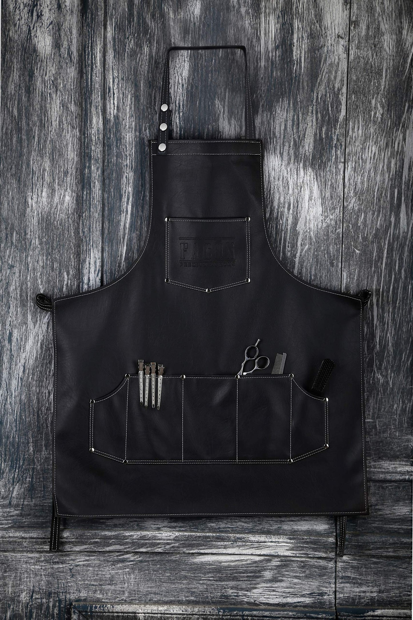 Facón Professional Leather Hair Cutting Hairdressing Barber Apron Cape for Salon Hairstylist - Multi-use Adjustable with 8 pockets - Heavy Duty Premium Quality - Limited Edition - 30" x 24" (Black)