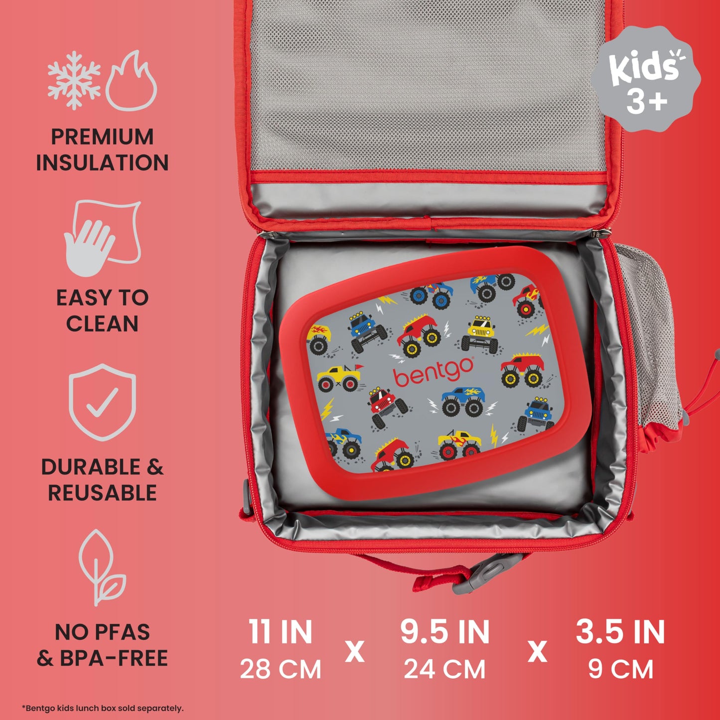 Bentgo Kids Lunch Bag - Double-Insulated, Reusable Lunch Bag for Kids 3+ with Adjustable Strap; Holds Lunch Box/Water Bottle/Snacks; Easy-Clean, Water-Resistant & Pockets (Trucks)