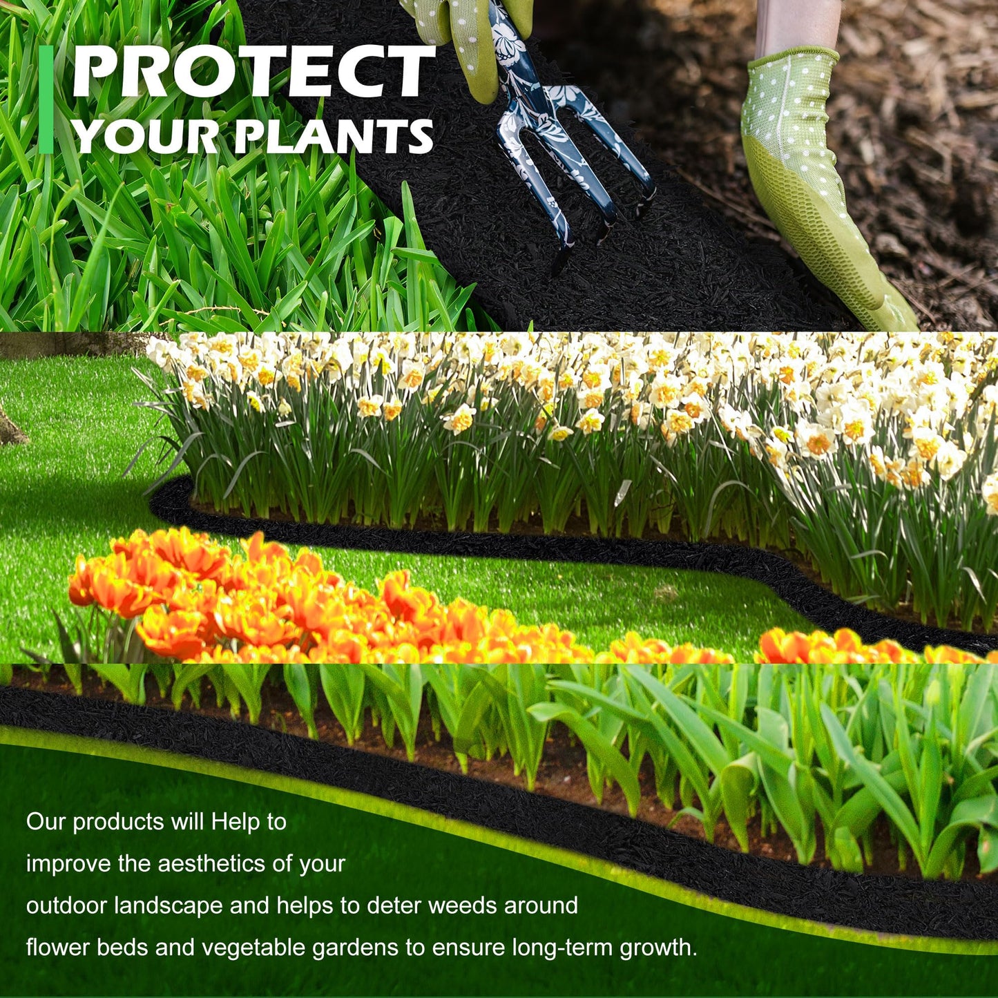 140'' x 5.5" Natural Mulch Roll for Landscaping - Black Double Sided Rubber Mulch Roll - Permanent Garden Edging Barrier Mat for Walkway Pathway Plants,Vegetables and Flowers