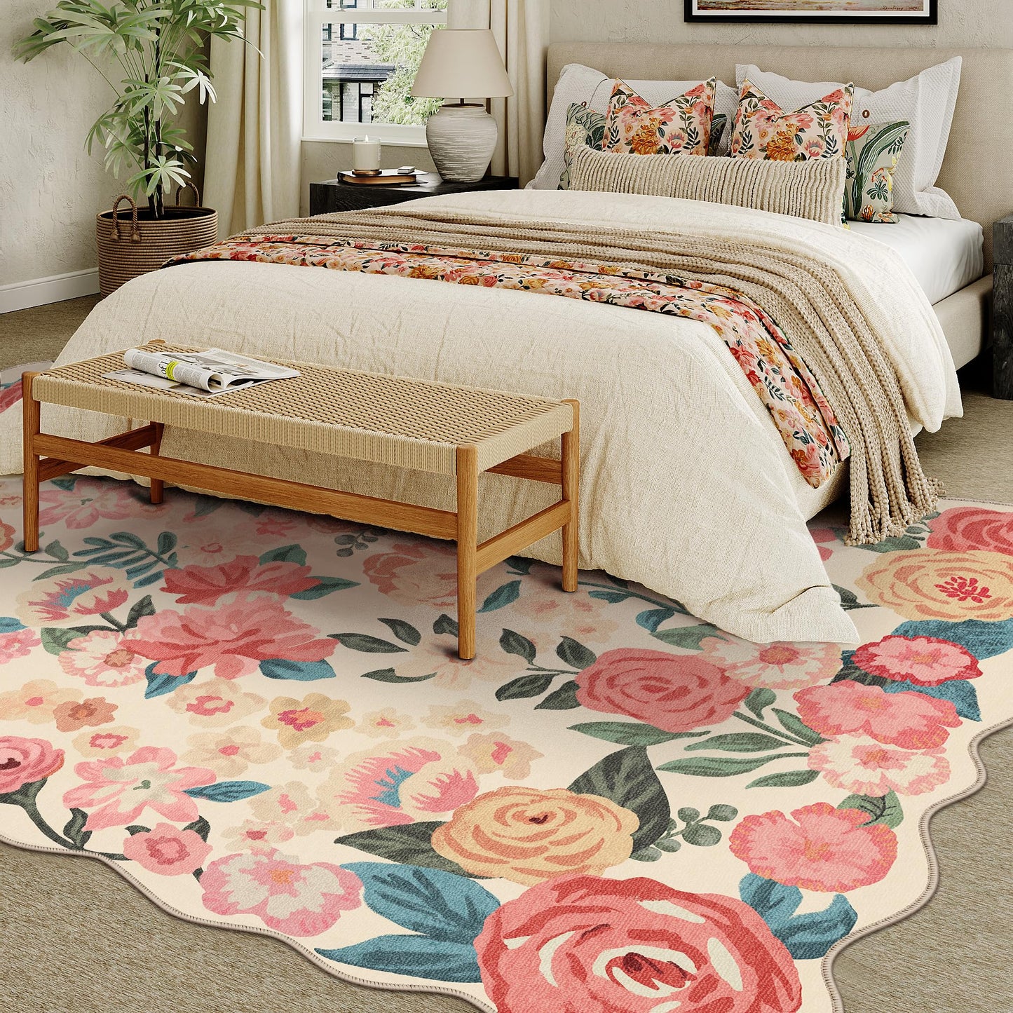 PureCozy Washable Floral Area Rug 5x7 Beige Living Room Carpet Scalloped Flower Non Slip Soft Bedroom Rug Farmhouse Low Pile Thin Indoor Floor Cover for Office Dining Room Kitchen Bathroom