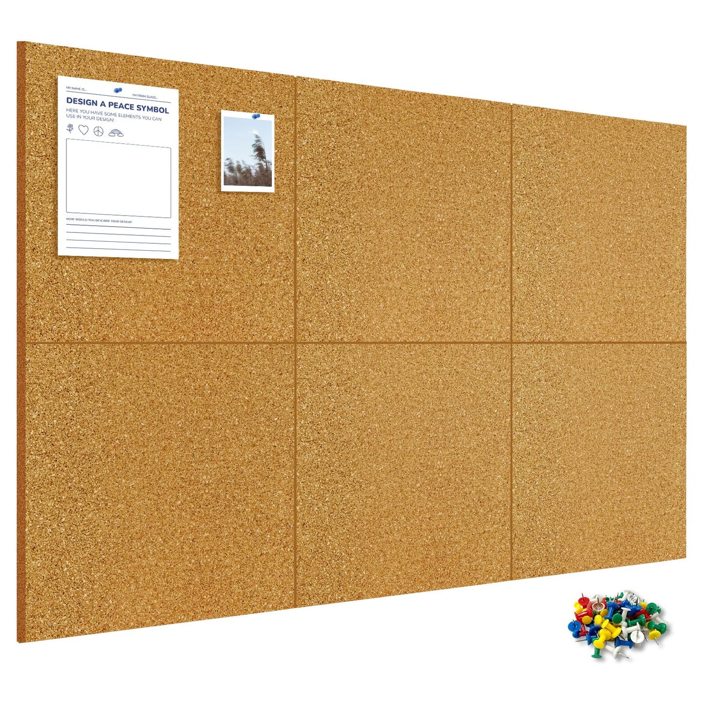 AMUSIGHT Cork Board Tiles, 6 Packs 12" x 12" 1/2" Thick Cork Bulletin Board Pin Board Self Adhesive Cork Boards for Walls with 60 Pushpins for Home Office Kitchen School