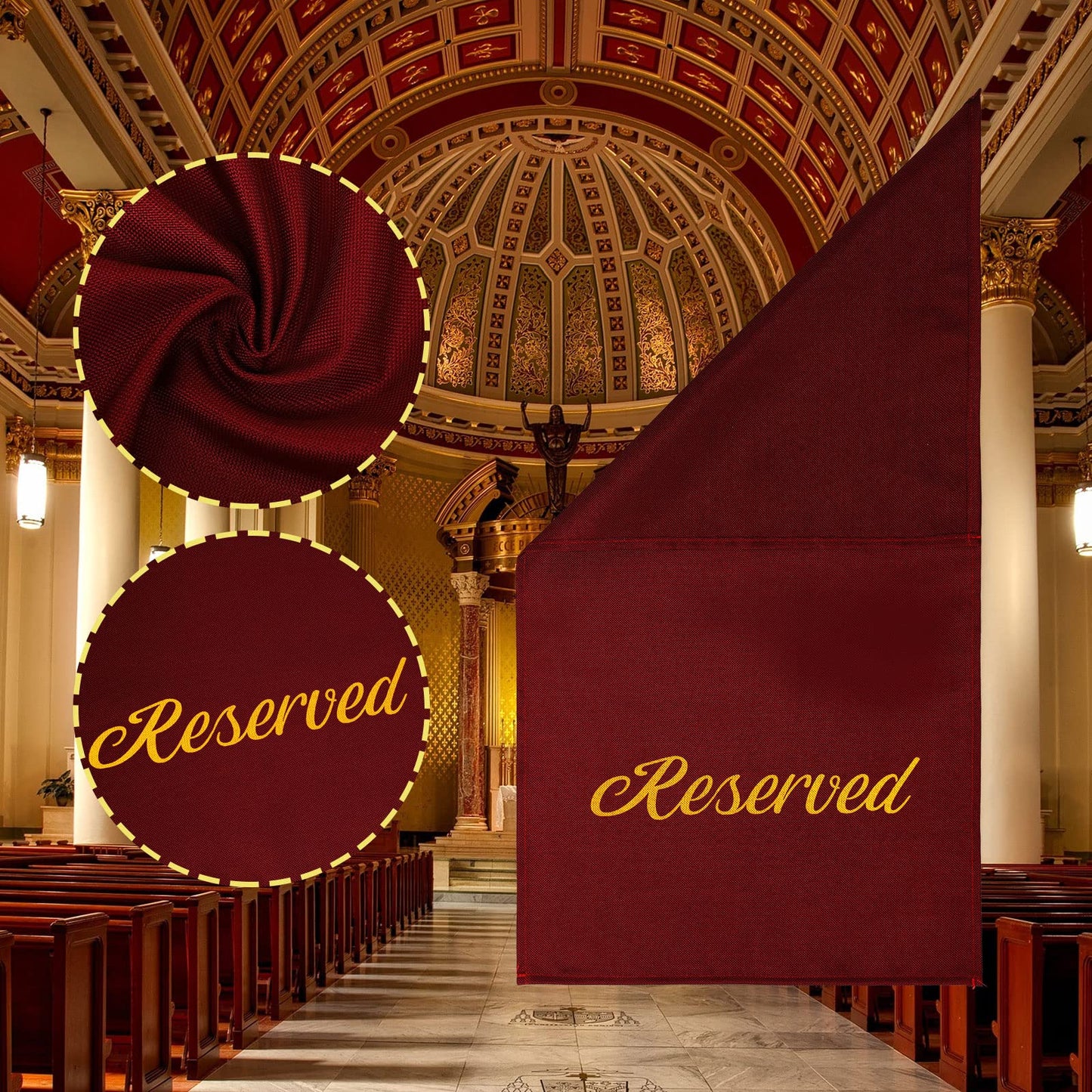 Tatuo 12 Pieces Reserved Seating Signs - 22 Inch Cloth Placeholders for Church Pews, Restaurant, Wedding, Meeting and Event Parties (Burgundy and Gold)