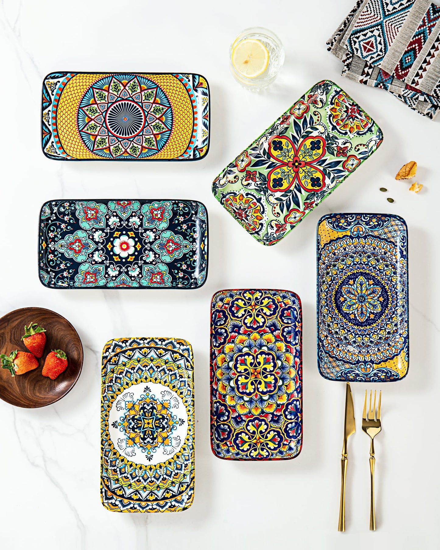 HENXFEN LEAD 10 Inch Rectangular Dinner Plates Set of 6 – Colorful Boho Design Porcelain Plates for Salad, Appetizer, Sushi & Dessert – Microwave, Oven & Dishwasher Safe