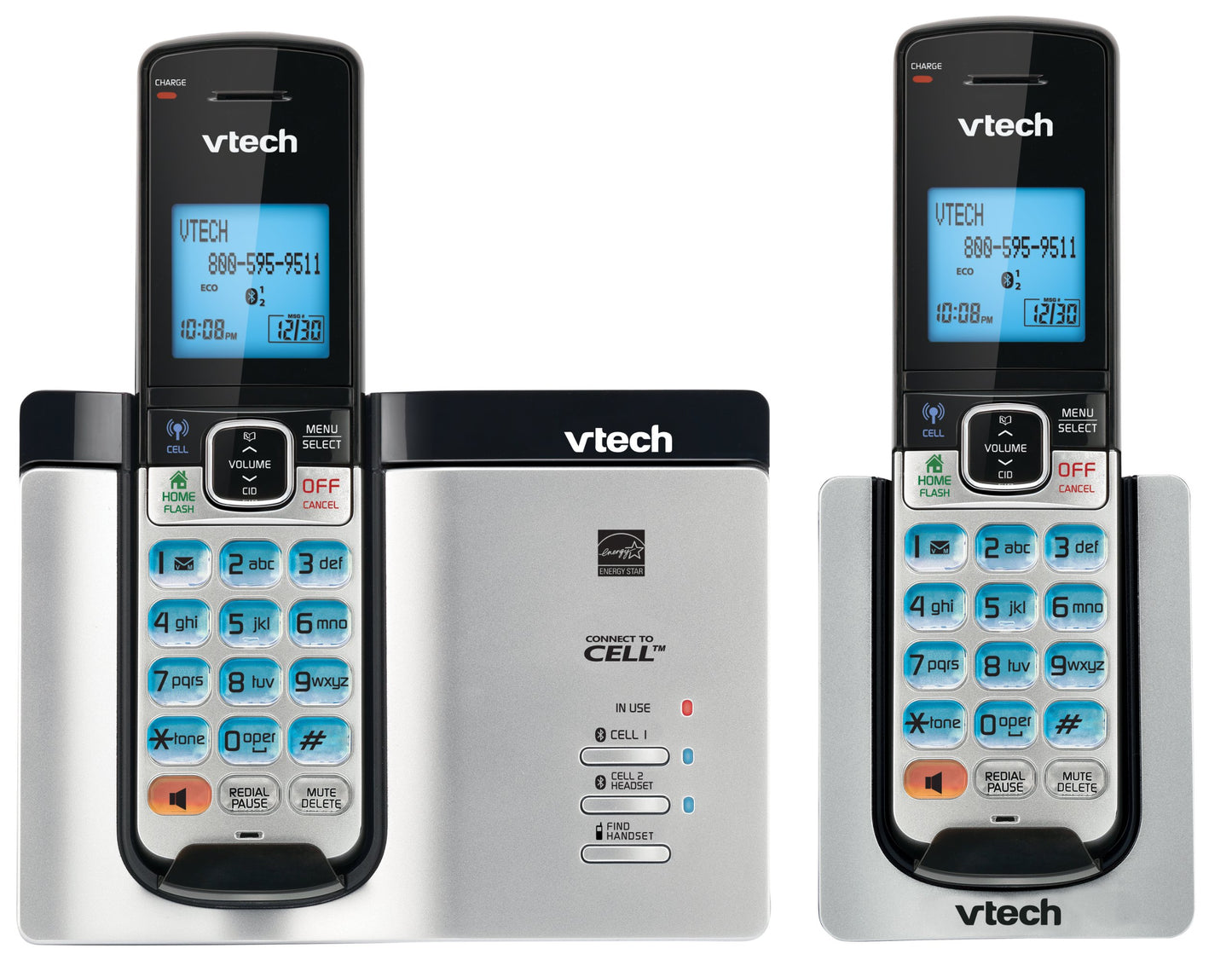 Vtech DECT 6.0 2 Cordless Phones with Bluetooth Connect-to-Cell, Caller ID, Handset Speaker Phones, Black and Silver