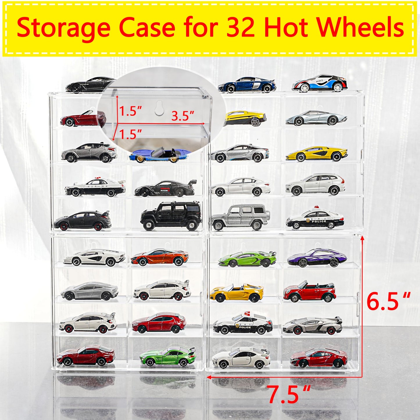 KASTUN Display Case for 32 Hot Wheels,Matchbox Cars,Display Case Wall Mount,Transparent Storage Case for 1/64 Diecast Cars,Wall Hanging,Stackable,Clear,Dustproof