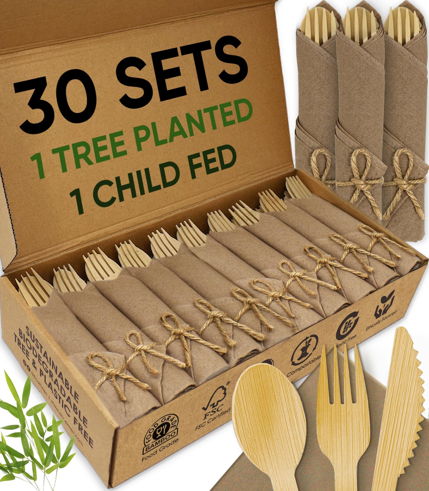 EcoPreps Premium Pre-Rolled Napkins Set and Bamboo Cutlery with Brown Napkins (30 Pieces, 120 Pieces) 100% Biodegradable, Eco-Friendly, Disposable Cutlery - Fork