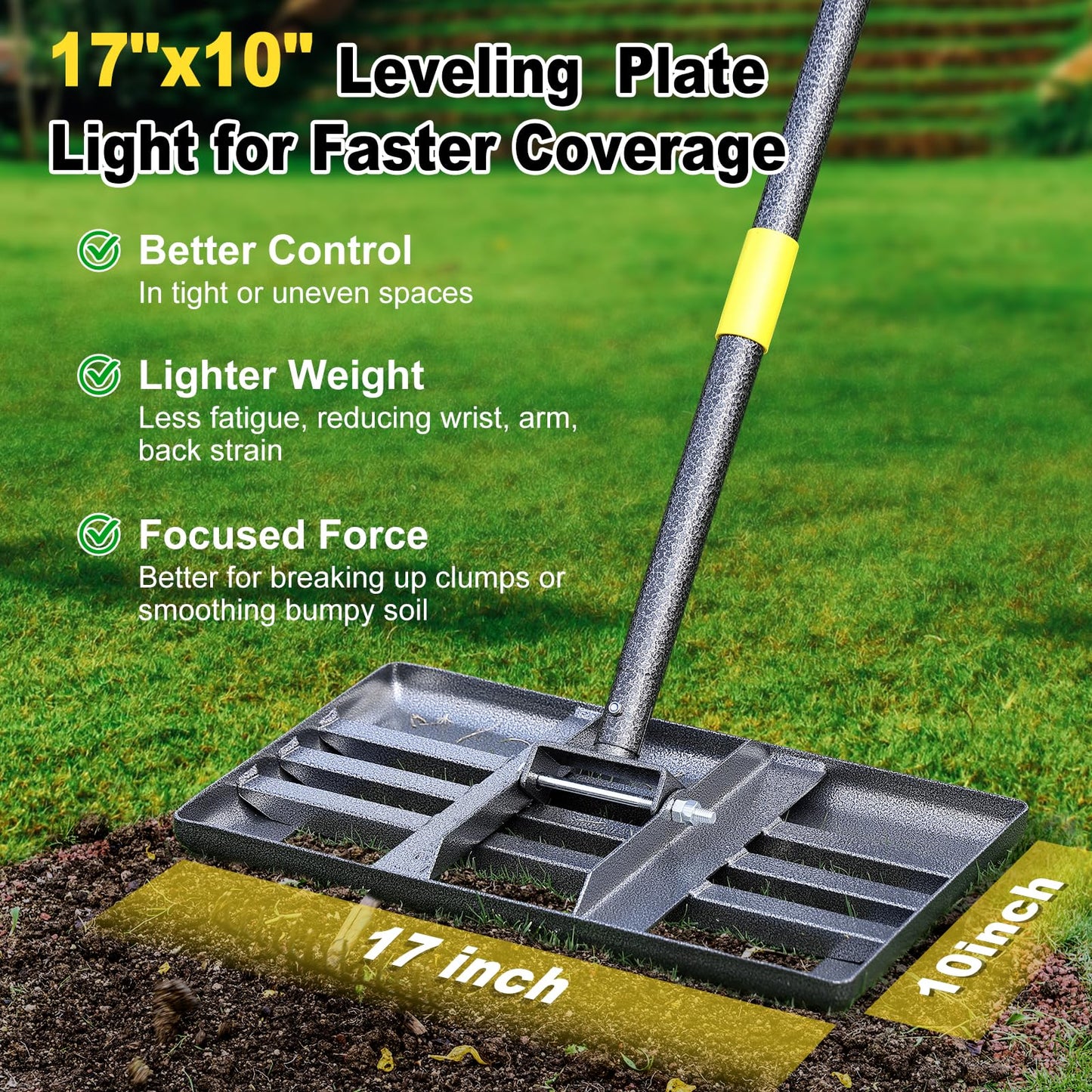 Lawn Leveling Rake: Anti Flipping 17" x 10" Stainless Steel Lawn Ground Leveler for Soil, Heavy Duty Grass Top Soil Dressing Leveling Rake, Home Lawn,Golf Field,Yard Landscaping Tool, 5ft Long Handle