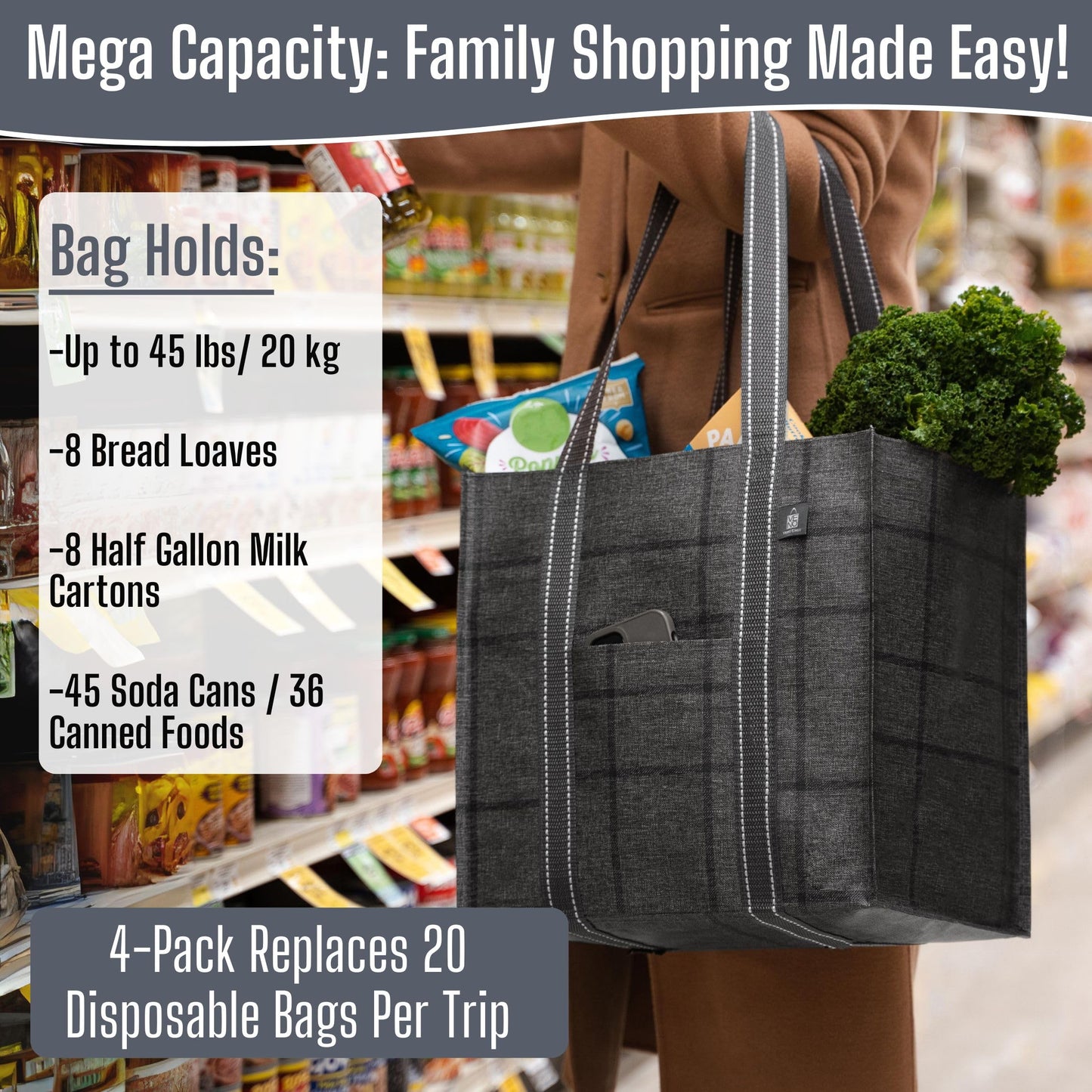 VENO Reusable Grocery Shopping Bags Foldable, Sac Reutilisable Epicerie, Grocery Tote Bags w/Hard Bottom, Multipurpose Utility Tote Bags (Windowpane, 4 Pack)
