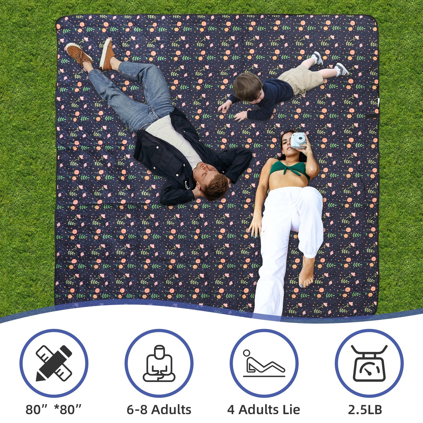 PICYALO Outdoor Picnic Blanket Blue Floral 80"x80" Large Sandproof Beach Blanket Waterproof Picnic Blankets Foldable for Caming, Beach, Outdoor Activities.