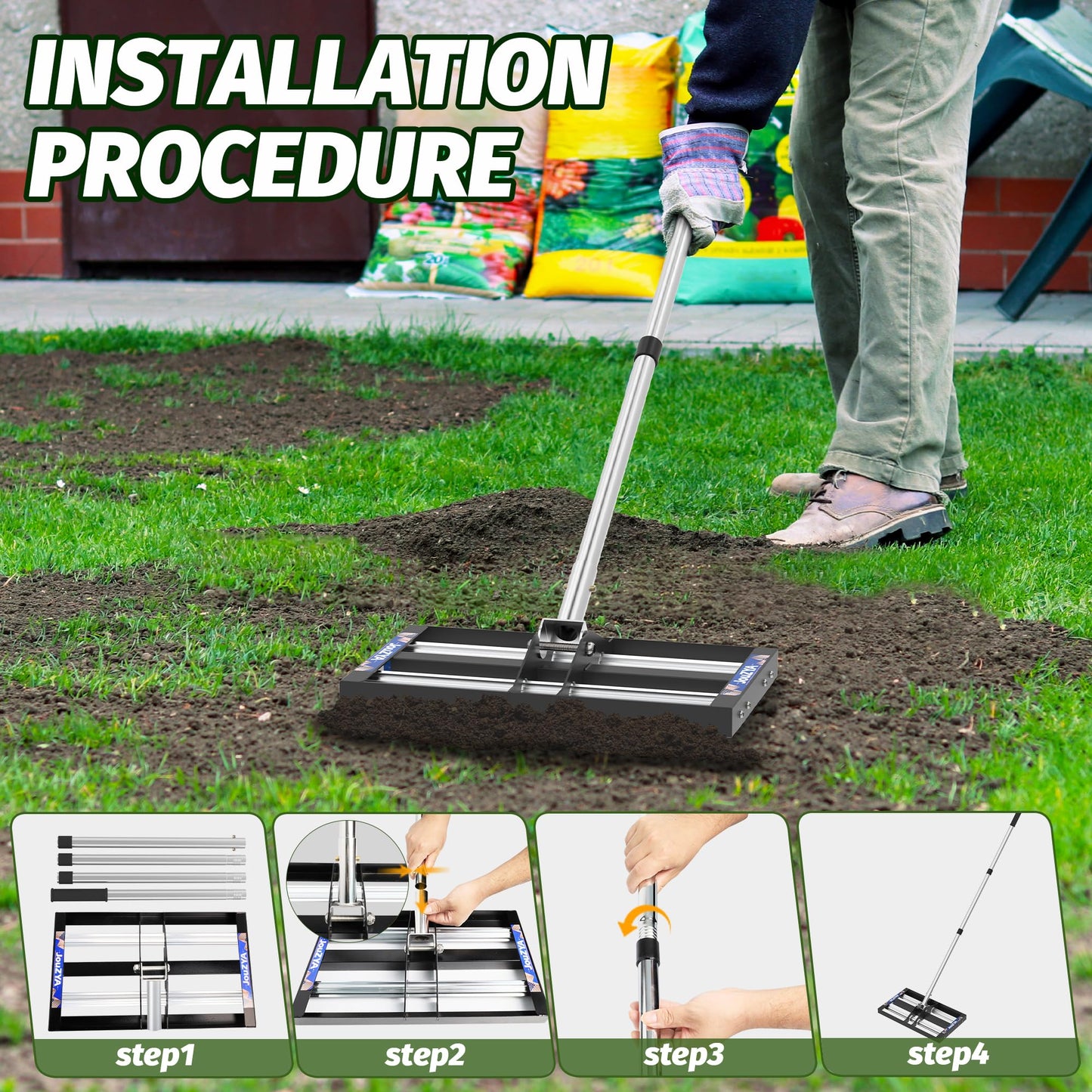Updated Lawn Leveling Rake with Aluminum Rollers, Stainless Steel 17"x10" Levelawn Tool , Heavy-Duty Lawn Leveler with 70" Extended Handle, Yard Leveling Rake Suit for Garden, Golf Lawn, Farm