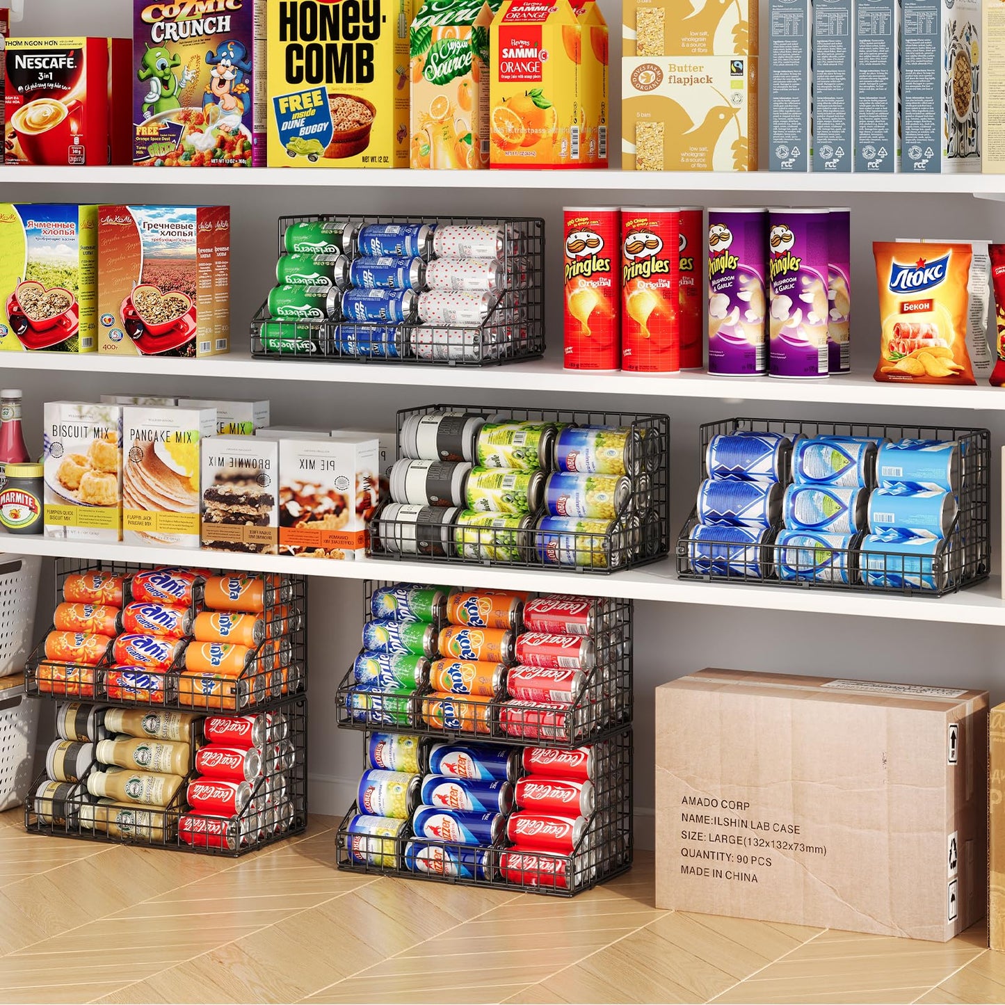 2 Pack Stackable Can Rack Organizer for Pantry Storage,Can Dispensers with 4 Adjustable Dividers, 2-Tier Metal Wire Basket Beverage Pop Soda Rack for Kitchen Cabinet Pantry, Black
