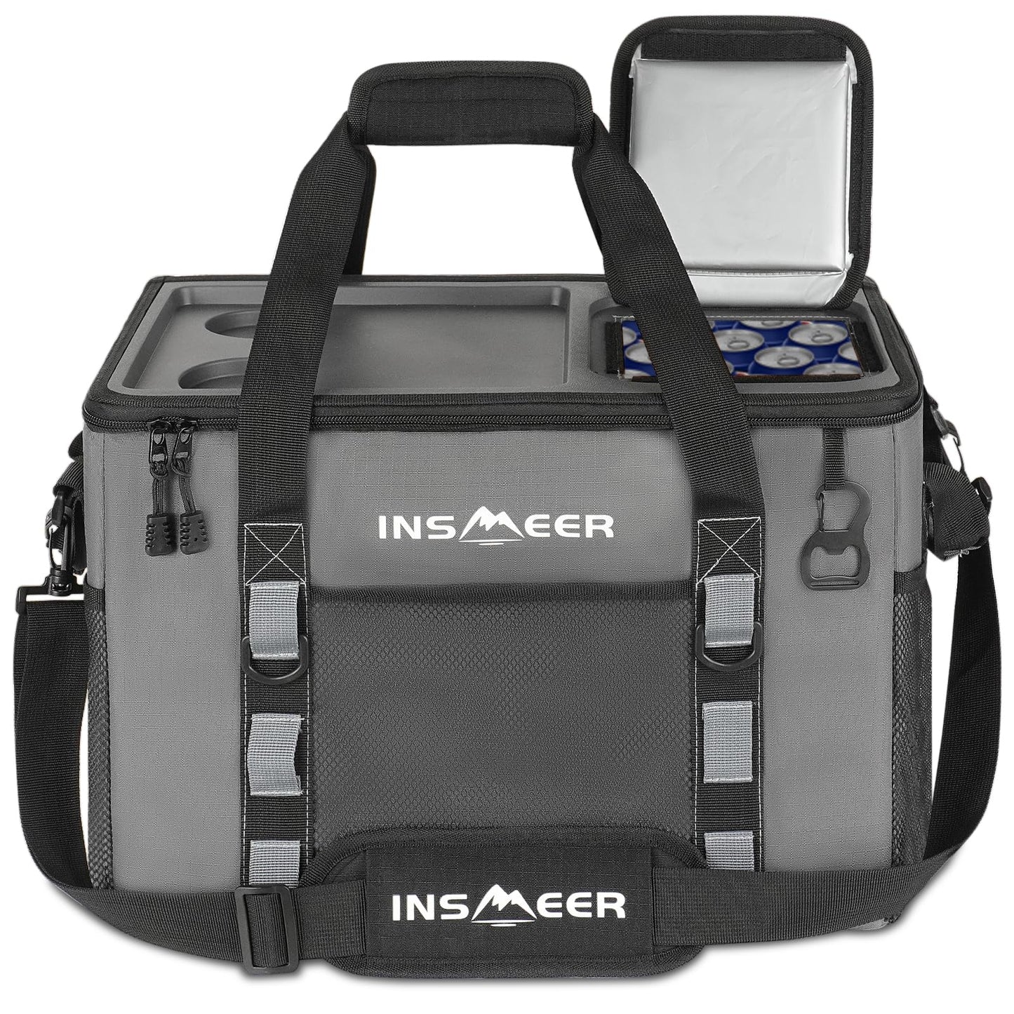 INSMEER Hard Top Soft Cooler with 2 Cup Holders, Large Foldable Cooler Bag - 40L/70 Cans, 100% Leakproof/Insulated/Portable Glaciere with Shoulder Strap for Travel, Beach, Camping, BBQ, Events
