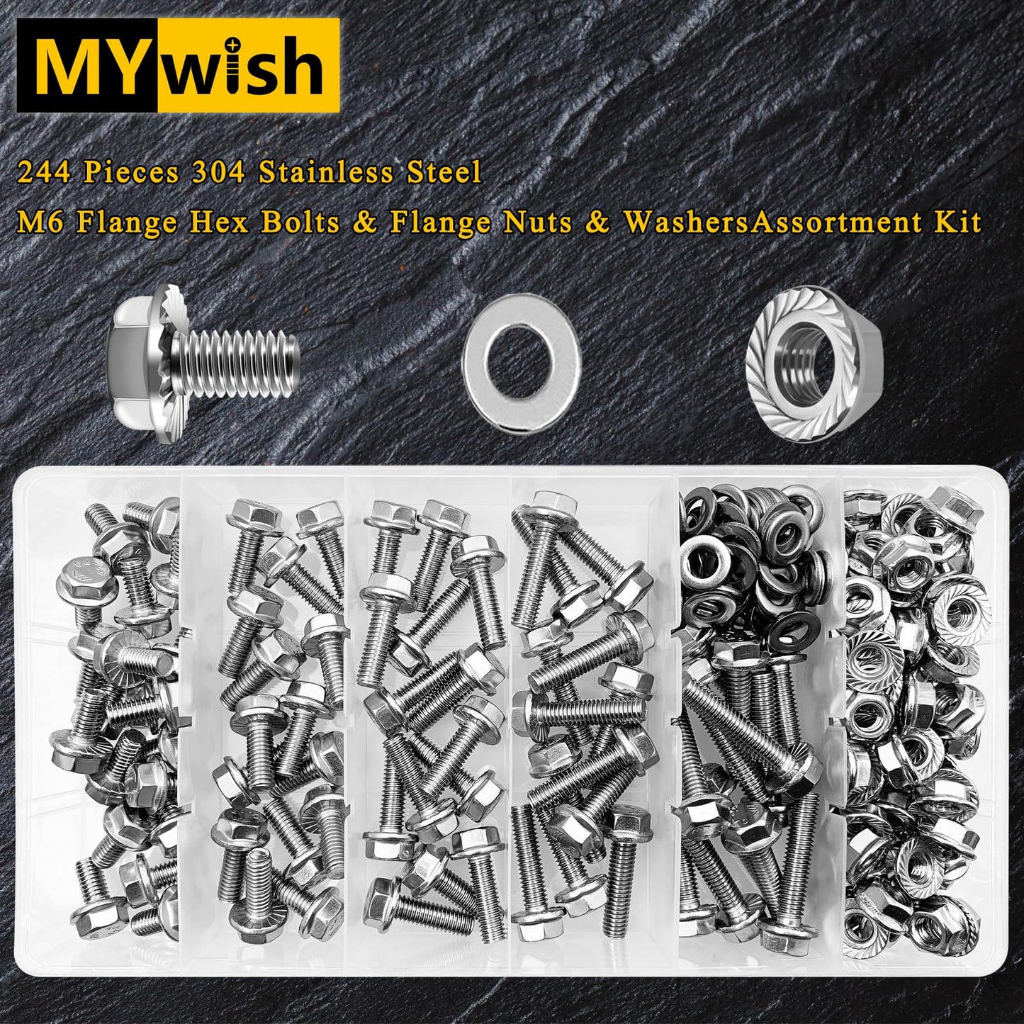 M6 Bolt, 224Pcs M6 x 12/16/20/25/30mm, M6x1.0 Bolt, Flanged Hex Head Bolts with Flange Nuts Washers, 304 Stainless Steel Screws, Metric Assortment, DIN 6921 by Mywish