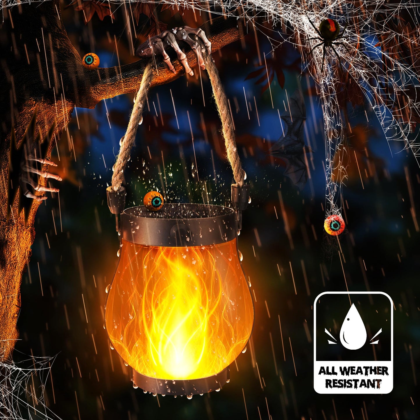 iBaycon 2 Pack Solar Lanterns Lights, Halloween Flickering Flame Garden Lights with 2 Modes Dual Charging USB & Solar, Outdoor Waterproof Hanging Lantern for Party Holiday Halloween Decor (Warm White)
