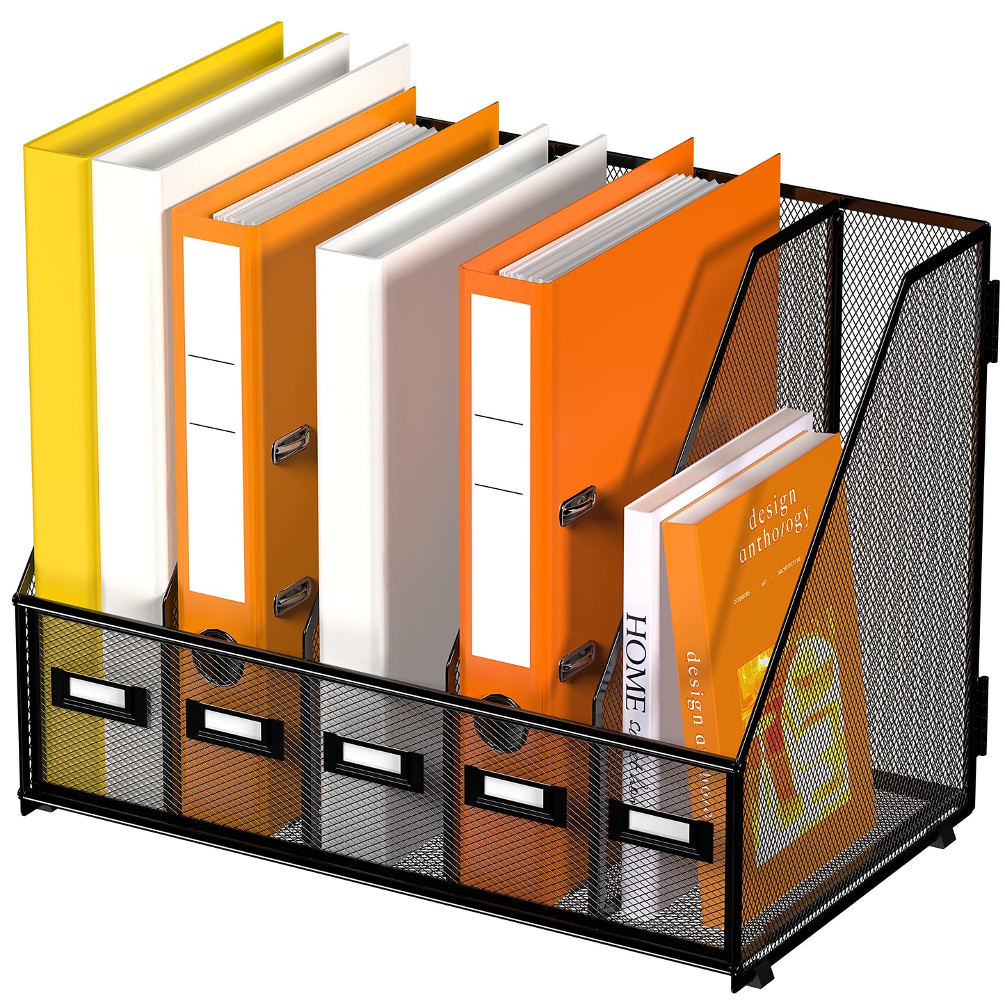 DALTACK Desk Organizers Magazine Binder Folder Holder with 5 Vertical Compartments File Organizer for Office Home School Organization, Metal Mesh, Black, 16.14"L x 9.84"W x 12.6"H