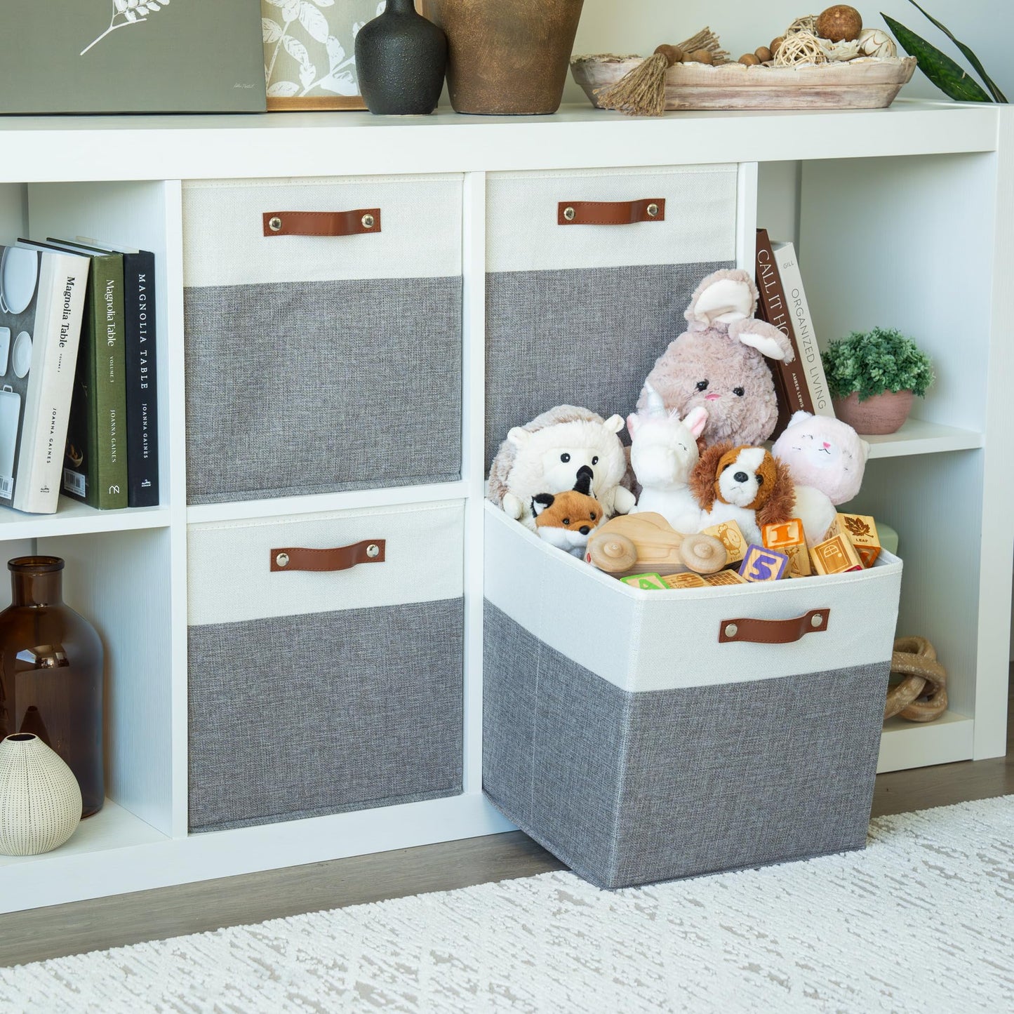 OrganiHaus 33x33cm 4 Pack Cube Storage Bin, Fabric Storage Bins, Cube Storage Organizer Bins, Kallax Organizer Storage Basket, Closet Storage Bins, Panier de Rangement, Bac de Rangement Gray/White