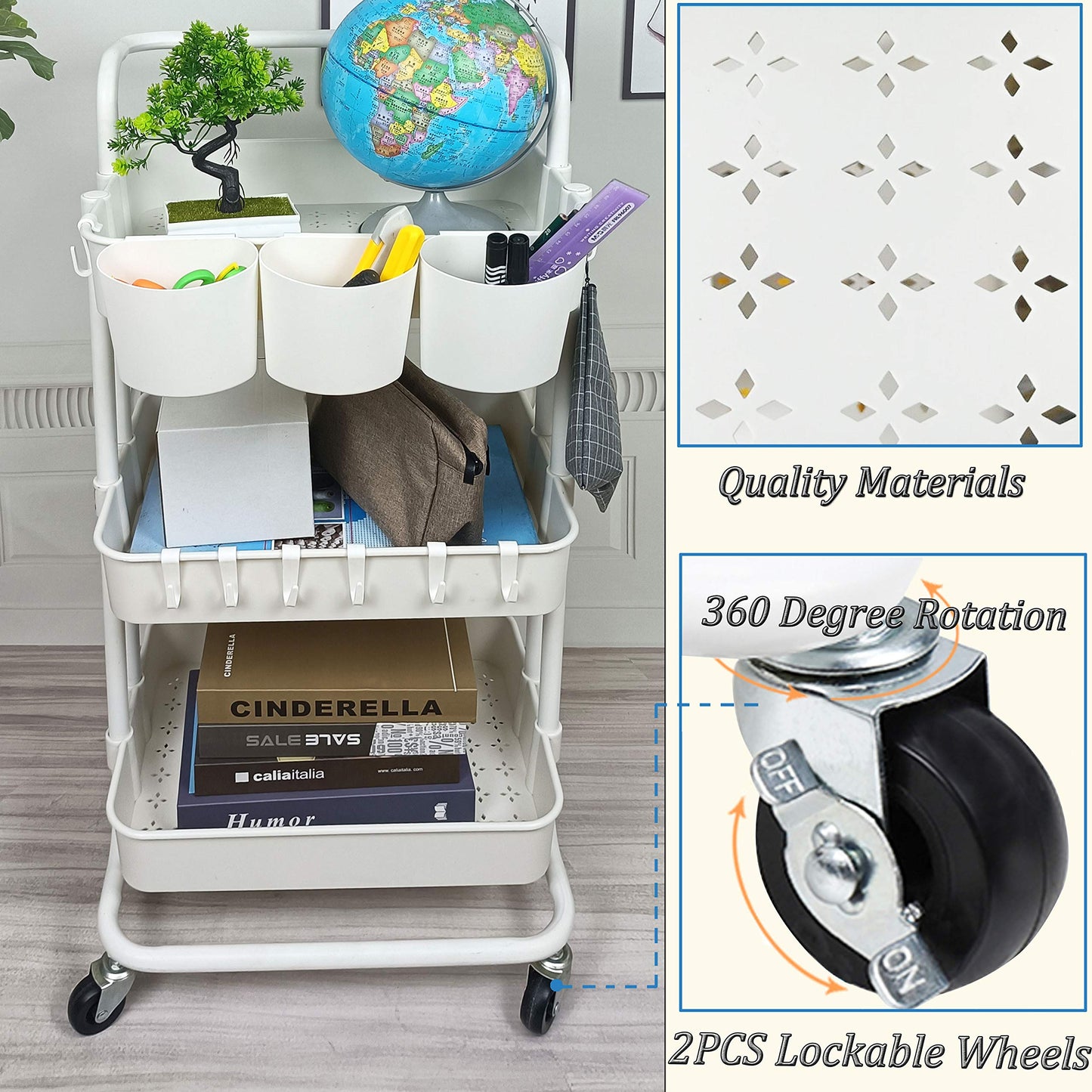 Freletry 3 Tier Rolling Utility Cart Multifunction Storage Organizer Shelf Rack with Lockable Wheels 3PCS Cups and 8PCS Hooks for Home Office Kitchen Bathroom Store (White)
