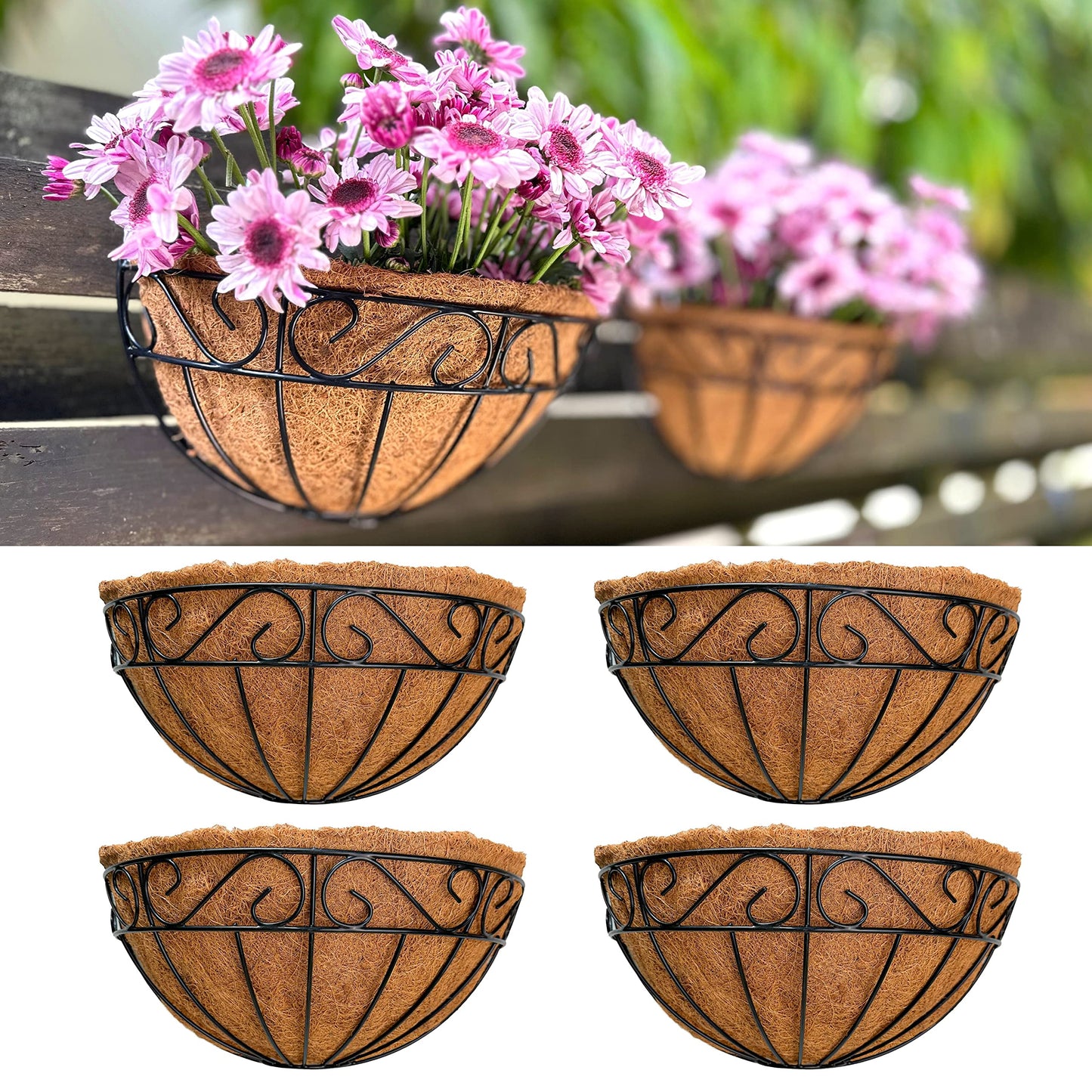 LaLaGreen Wall Mounted Flower Baskets (4 Pack 16 Inch) Large Railing Planter Deck Rail Hanging Plant Pots Holders with Coco Liner Outdoor, Metal Herb Fence Porch Balcony Garden Patio Window Box Trough