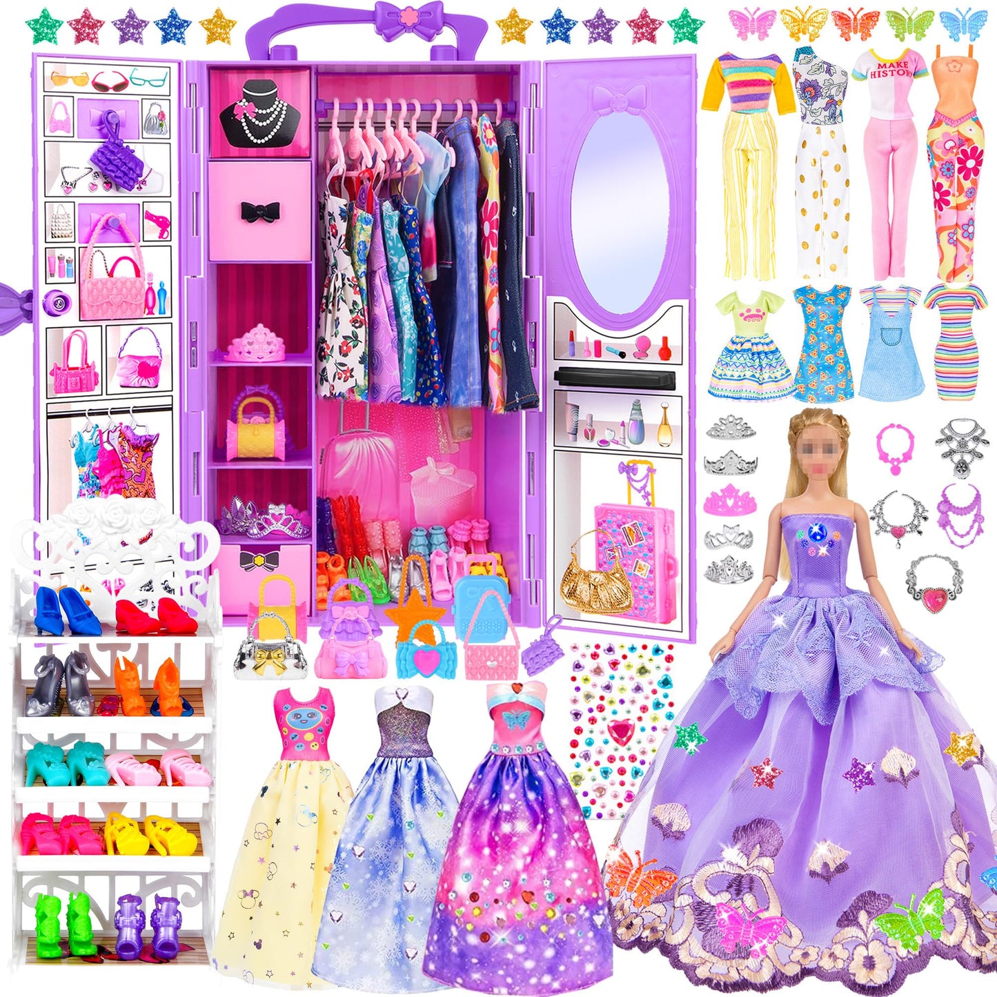 Doll and Accessories Doll with Closet Including-one 11.5 inch Girl Doll, 9 Looks, Rack Dress Shoes Hangers Necklace and Other Accessories