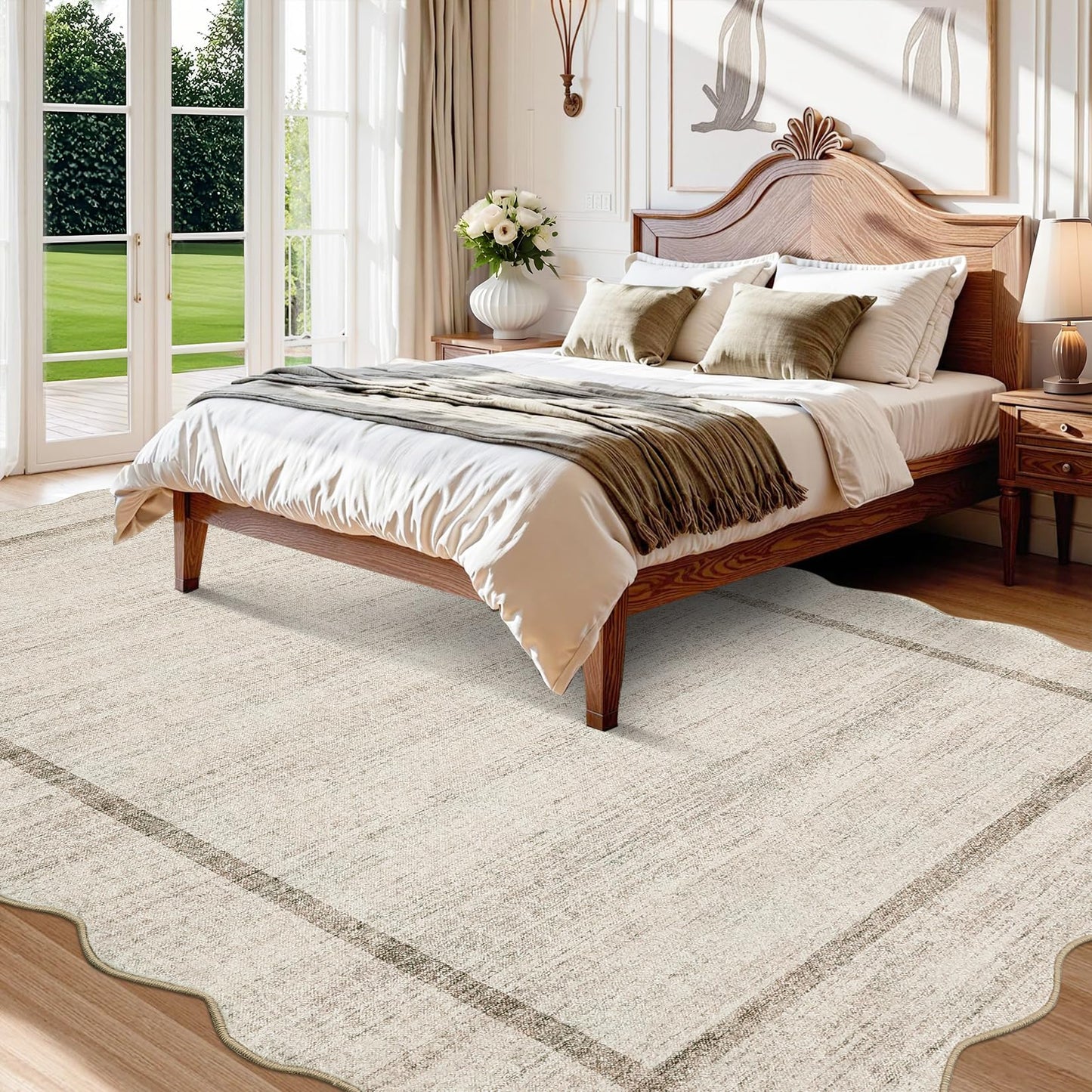 GarveeHome Scalloped Washable Rugs 5x7 Rug for Living Room Modern Non Slip Large Area Rug for Bedroom Decor Farmhouse Low Pile Stain Resistant Carpet for Office Dining Room Classroom 5 ft x7 ft Beige