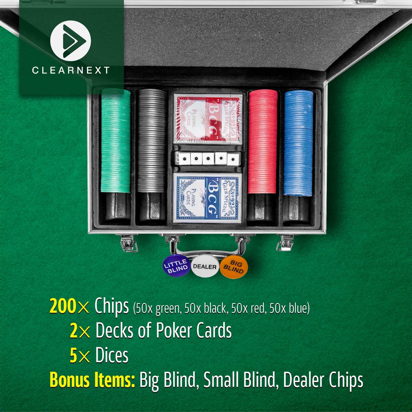 CLEARNEXT Casino Poker Chips Set - 200pcs with Aluminum Case Ideal for Casino Party Accessories for Blackjack, Texas Holdem, Family Games
