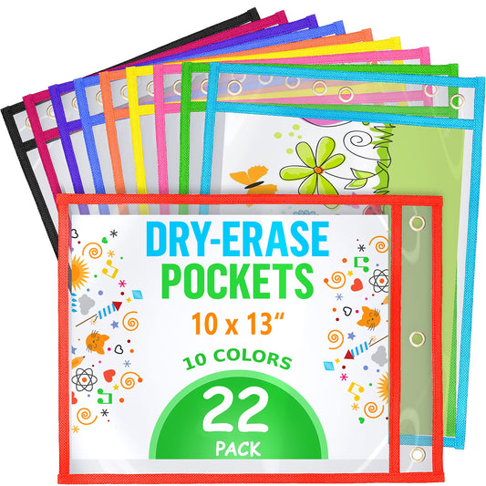 22 Dry Erase Pockets Reusable Sleeves 10x13 - Dry Erase Pocket Sleeves Dry-Erase Sleeve Classroom Pack Dry-Erase Sheet Protectors Pouches Write and Wipe Pockets Erasable Pocket Sleeve for Classroom