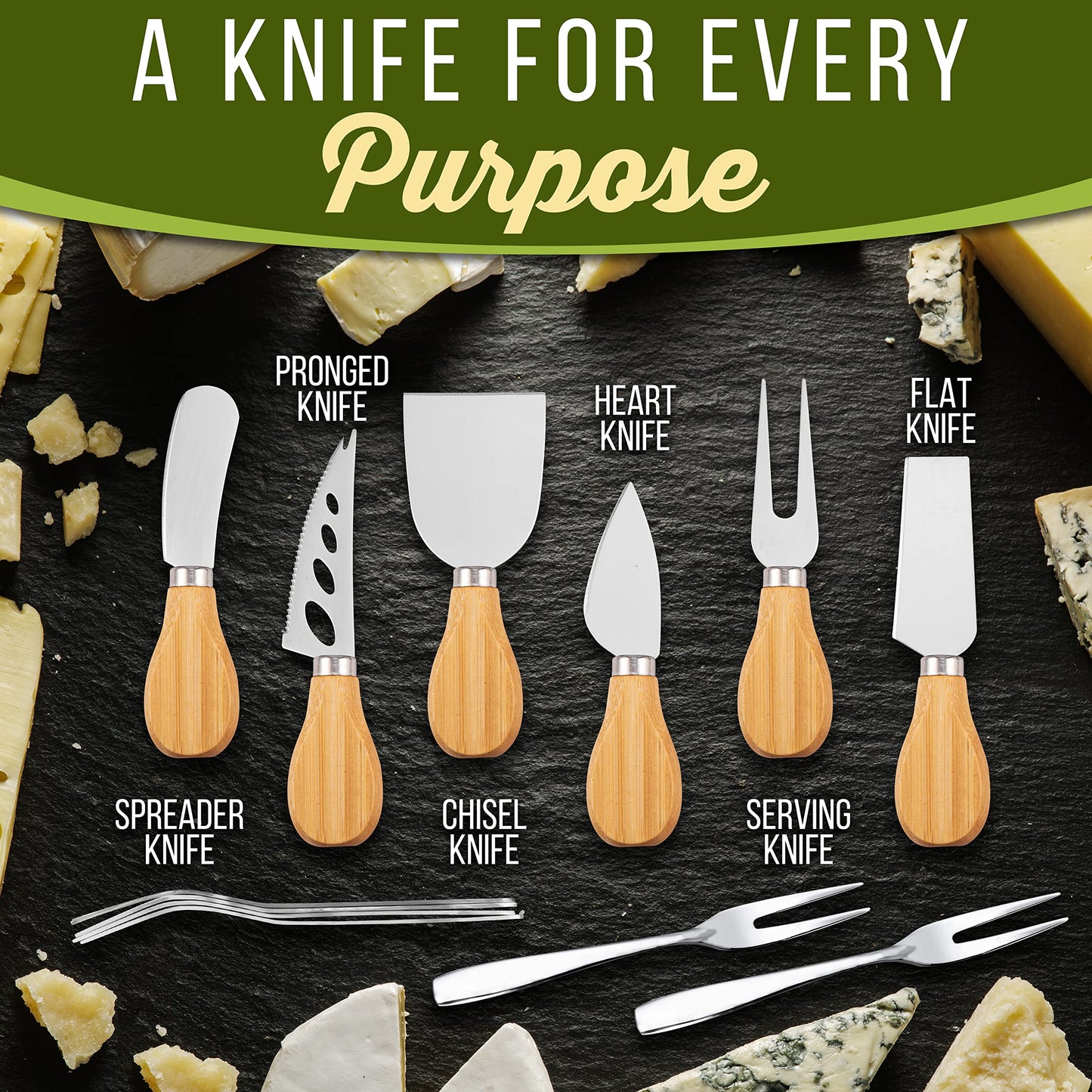 NutriChef Bamboo Cheese Board, Large Charcuterie Board Set with 6 Knives & 6 Forks, 100% Organic Wood Gift Set for Wedding, Birthday, Anniversary, House Warming Gifts New Home