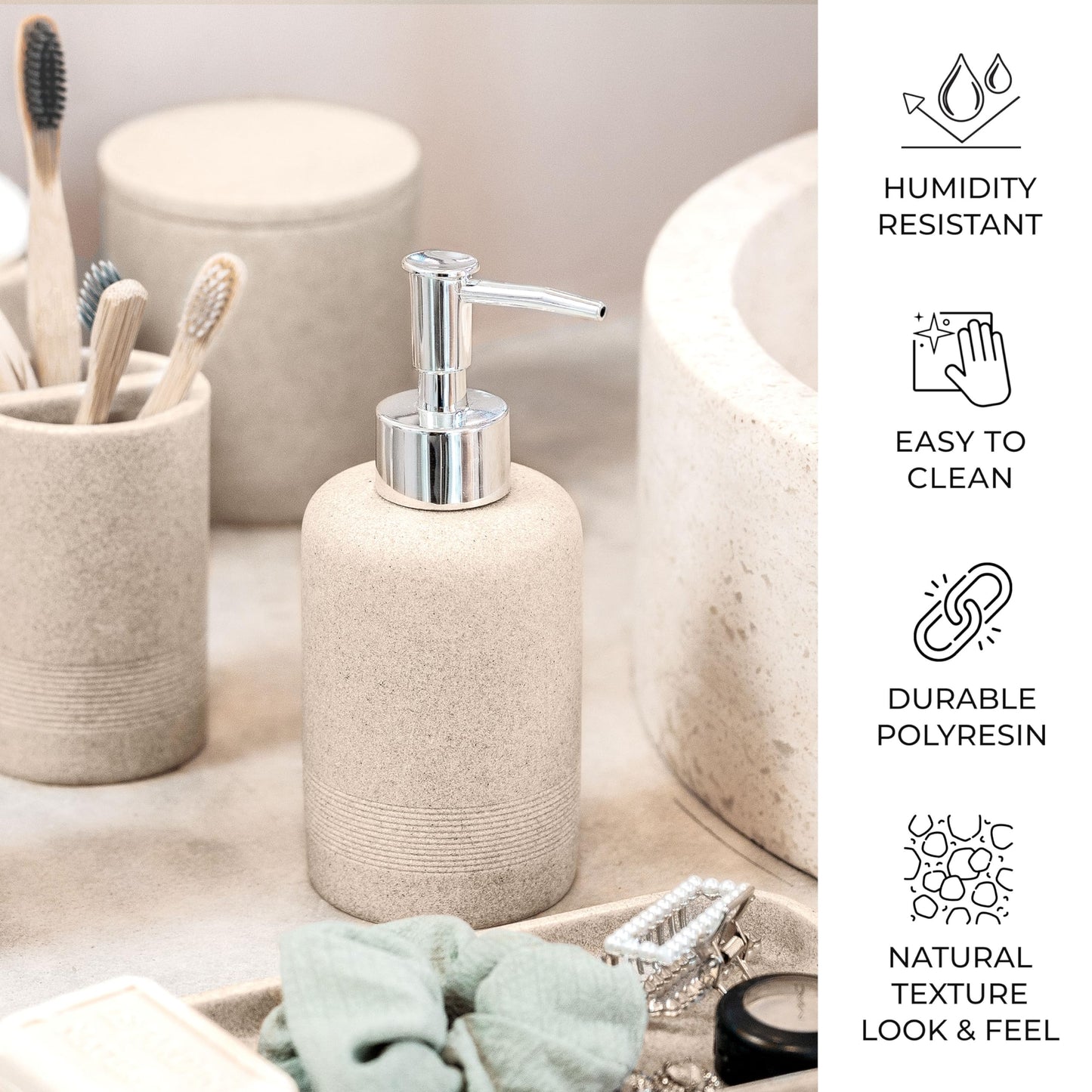 zccz Beige Bathroom Accessory Set 6 Pcs - Soap Dispenser, 2 Qtip Holder Dispenser, Toothbrush Holder, Vanity Tray, Bathroom Tumbler - Decorative Countertop Vanity Organizer - Accessoire Salle De Bain