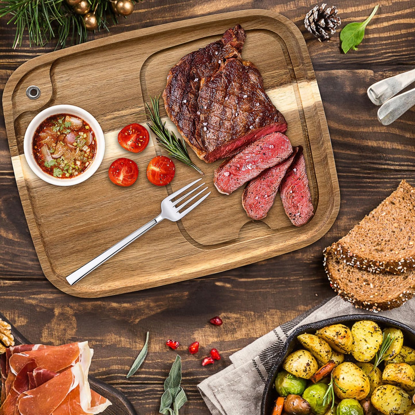 6 Pcs Acacia Wood Steak Plates with Juice Channel, Wooden Steak Board Set, Wood Serving Boards for Serving Steak, Meat, Charcuterie, Appetizer (13 x 11 x 0.6 Inch)