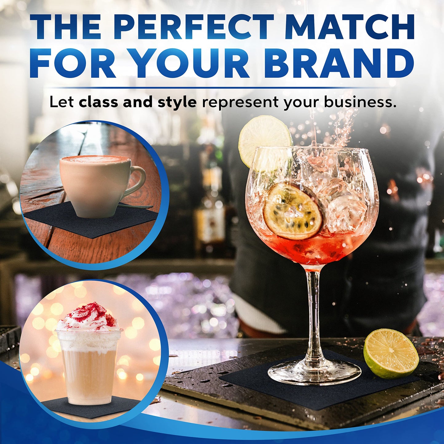 Beverage Napkins Bulk - 2-Ply Black Cocktail Napkins 10" x 10" - Case of 1000 (50 per pack, 20 packs) - Paper Drink Dessert Party Napkins for Restaurants, Bars, Weddings, Catering - Paterson Paper