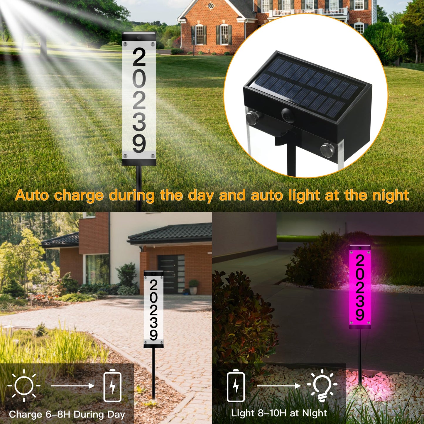 GOSUNWEY Solar House Numbers for Outside, Led Solar Address Sign with Stakes, Waterproof RGBW Lighted House Number Sign, Modern Address Plaque Solar Powered for Yard Home