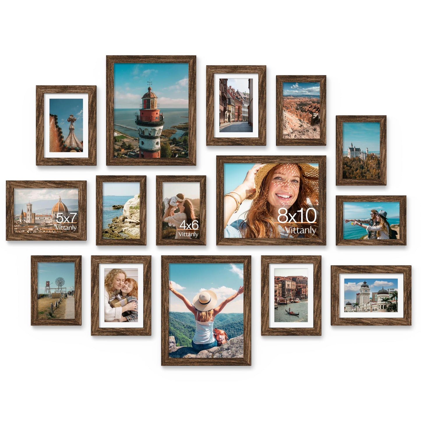 Vittanly 15 Pack Picture Frames Gallery Wall Frame Set for Mounting or Tabletop Display, Multi Sizes Collage Photo Frames Including 3pcs 8x10, 6pcs 5x7, 6pcs 4x6, Brown