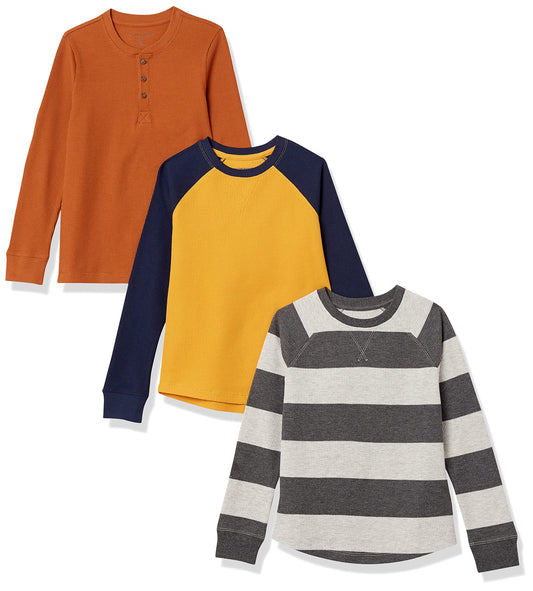 Amazon Essentials Boys' Long-Sleeve Knit Thermal T-Shirt, Pack of 3, Grey Rugby Stripe/Mustard Yellow/Rust, XX-Large