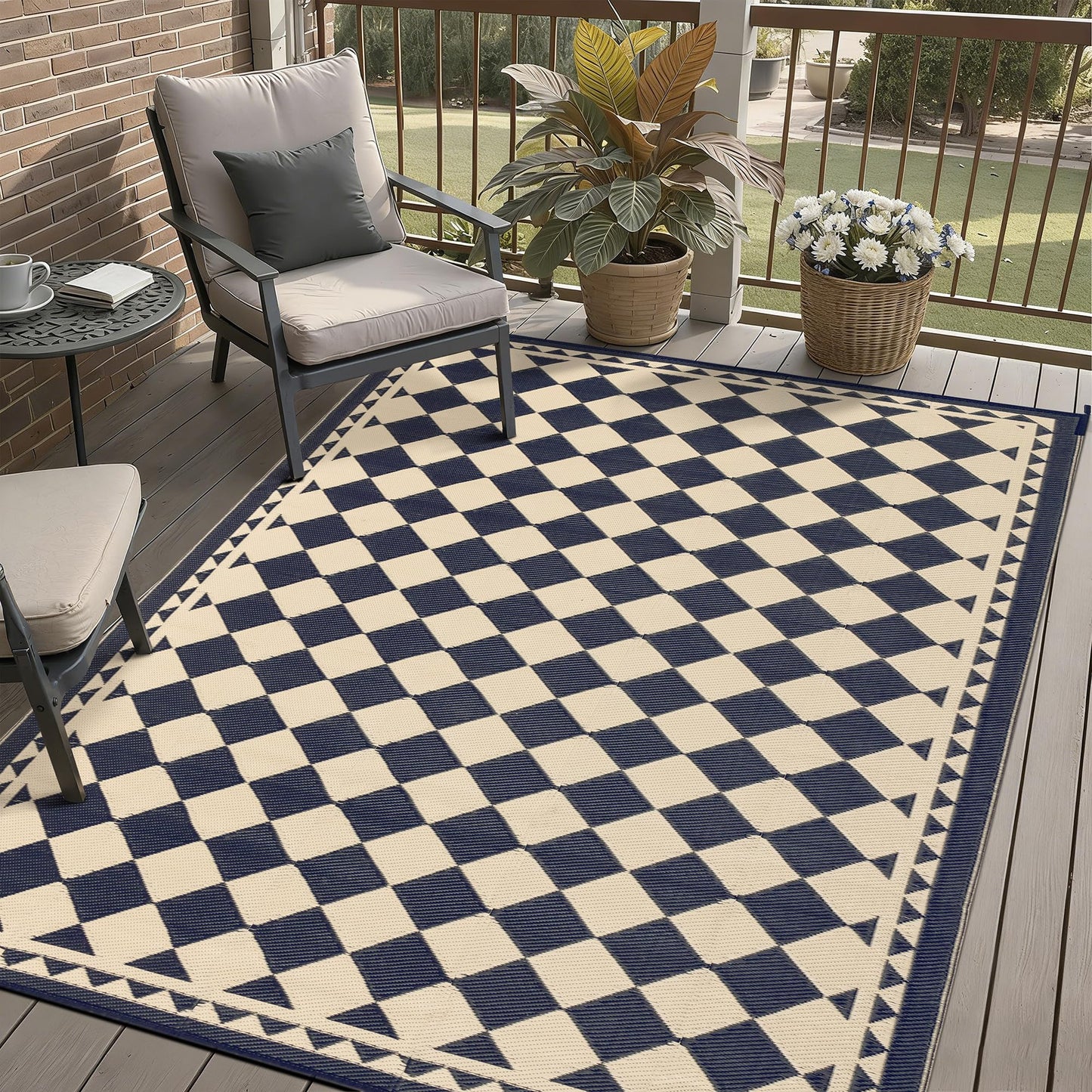 PureCozy Outdoor Carpet 5x8 Patio Waterproof Non Slip Outdoor Rugs Reversible Plastic Straw Portable Boho Checkered Tapis Mat for RV Deck Camping Entryance Porch Picnic Balcony Beach