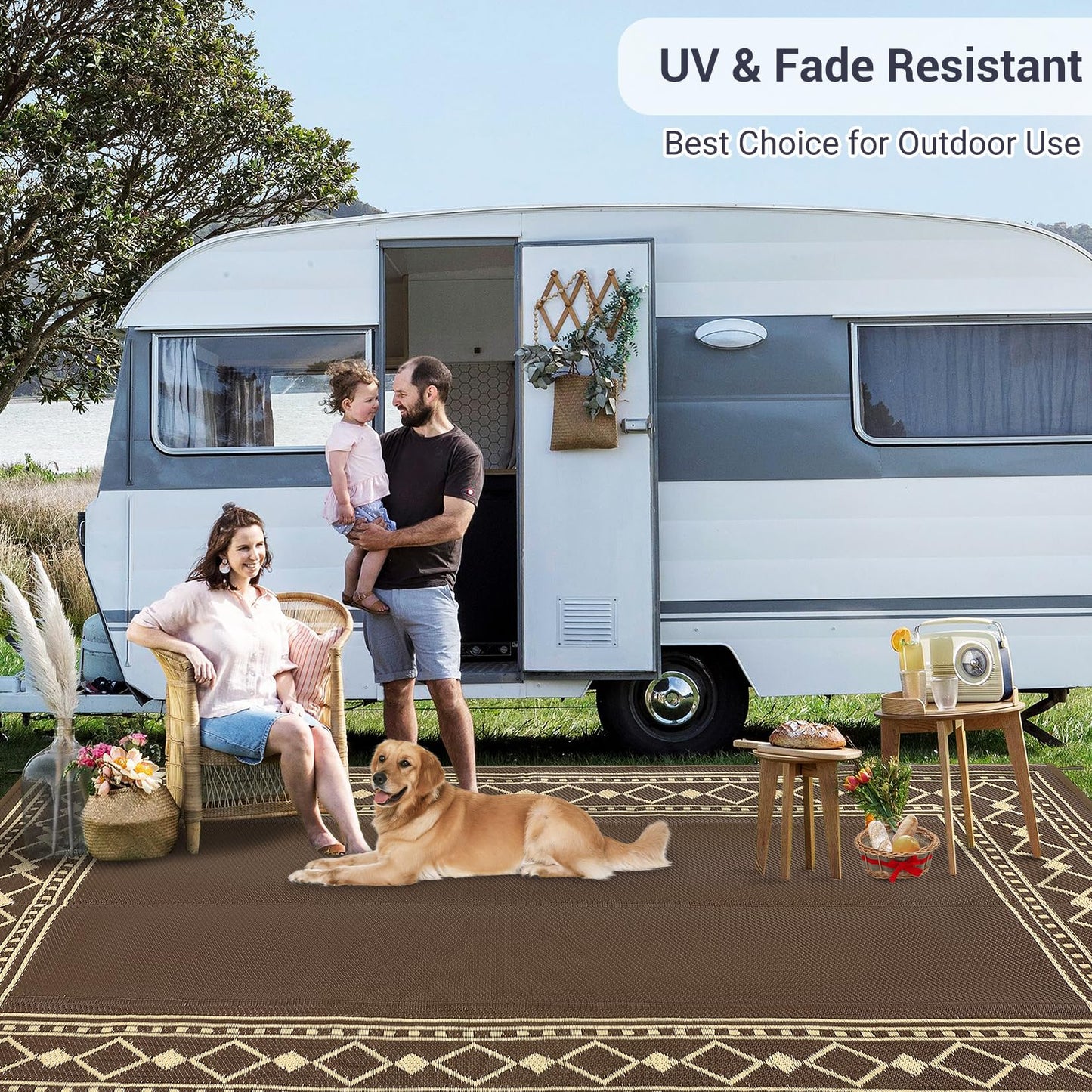 Garvee 6x9 Outdoor Camping Rug for Garden Contemporary Diamond Bordered Outdoor Picnic Mat Washable Non-Slip Easy-Clean Camper Carpets Brown Folding Portable Area Rug for Beach Backyard RV