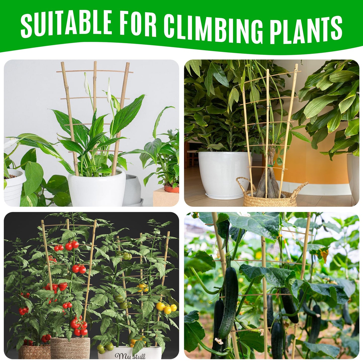6 Pack 3Ft Bamboo Trellis for Climbing Plants,35.5 Inch Fan-Shaped Bamboo Plant Trellis with 100pcs Twist Ties for Outdoor and Indoor Potted Plants Garden Stakes