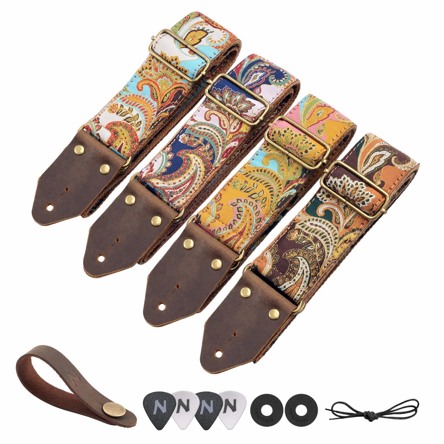 Nefelibata Guitar Strap,Crazy Horse Leather Jacquard Embroidery Cotton Guitar Straps for Bass, Electric & Acoustic, Best Gifts for Guitarists(Golden Silk Brown Flower)