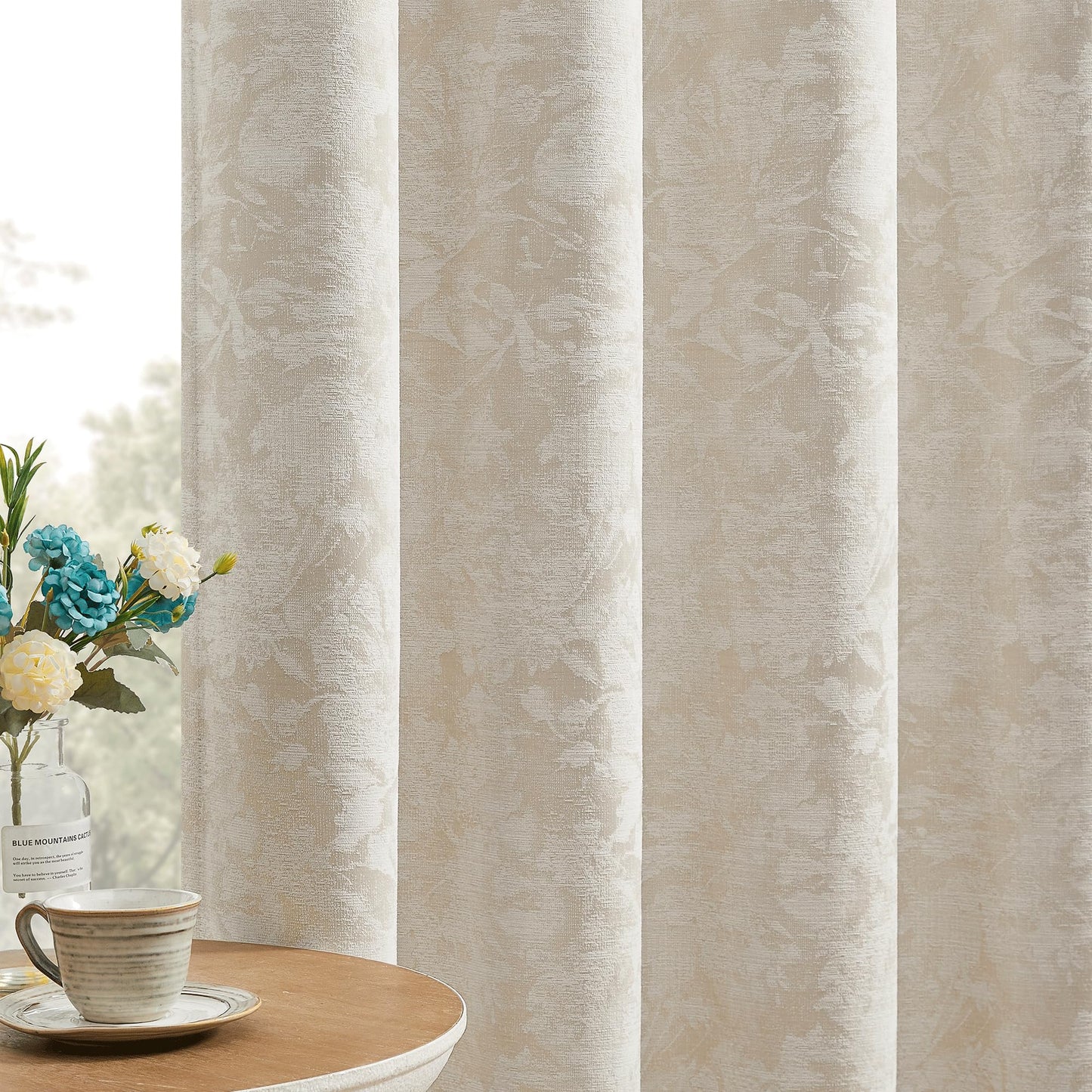 Beauoop Beige Floral Jacquard Blackout Curtains 84 Inches Long 2 Panels for Bedroom Living Room Taupe Flower Chenille Room Darkening Thermal Insulated Soundproof Grommet Window Treatments Drapes 52x84