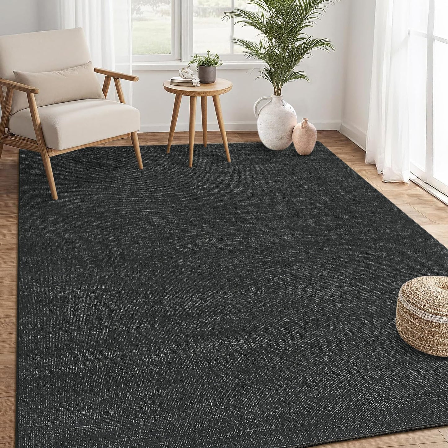GarveeHome 4x6 Bedroom Area Rug Machine Washable Non-Slip Low Pile Floor Carpets Modern Simple Rugs Contemporary Minimalist Solid Black Area Rug for Living Room Dining Room Nursery Room