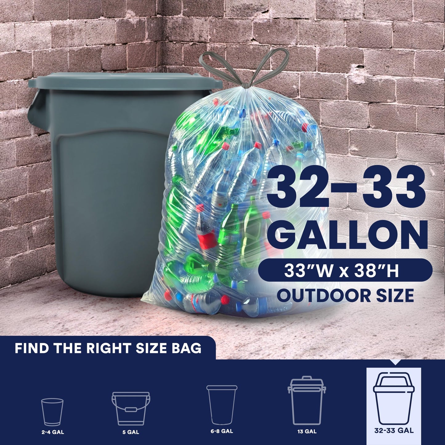 Plasticplace 32-33 Gallon Recycling Bags │ 0.8 Mil │ Clear Drawstring Garbage Can Liners │ 33" x 38" (100 Count)